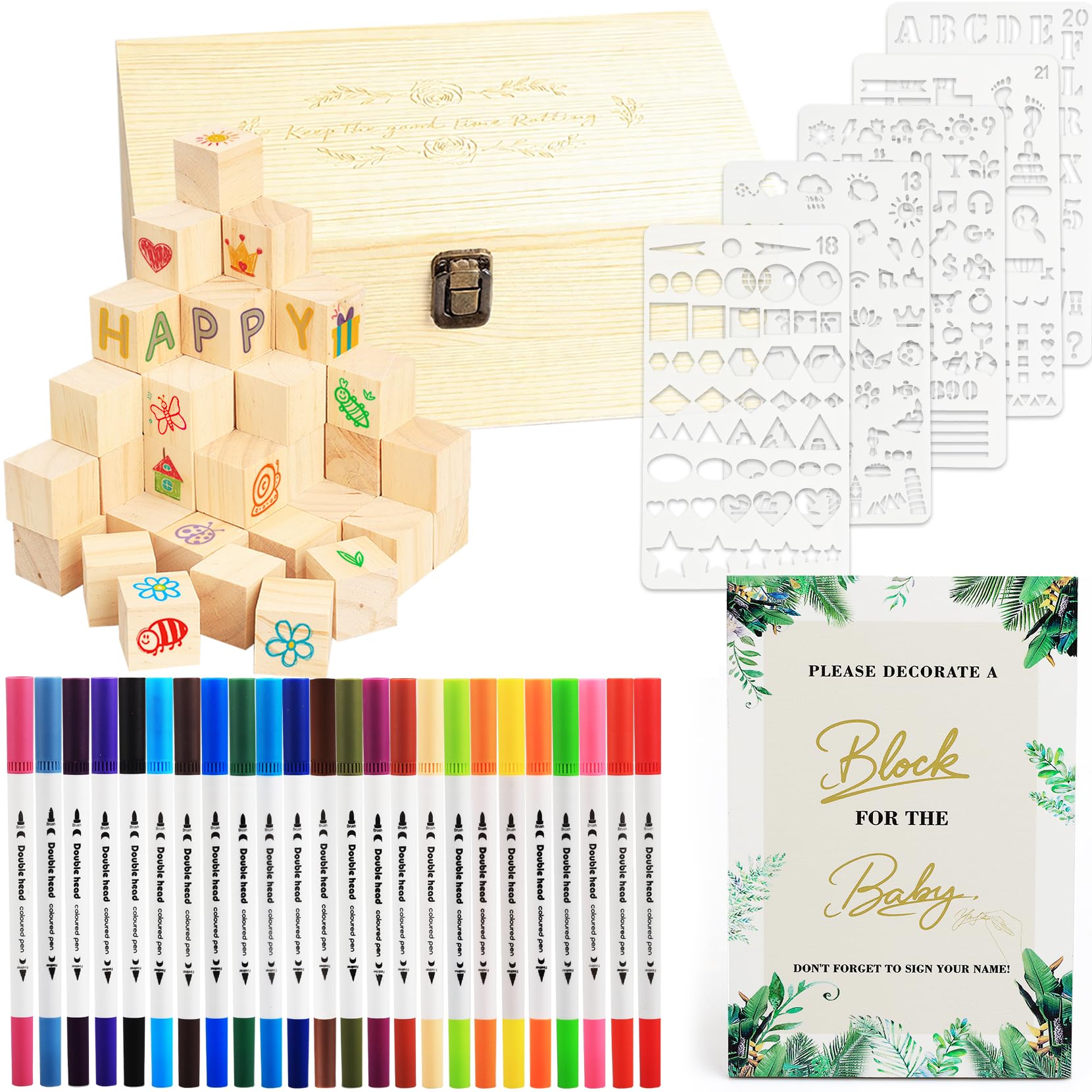 BRICH 87 Pcs Baby Shower Games Set for 50+ Guests, Wooden Blocks Guessing Game Signs & Gender Reveal Table Decorations Kit, Unique Icebreaker Party Favours Ideas for Boys and Girls