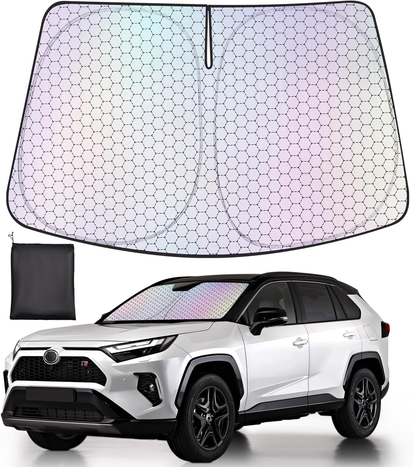 XCBYT Windshield Sun Shade for 2019-2024 RAV4, Upgrade Car Shades for Windshield with Laser Honeycomb Heat Dissipation, Front Car Sun Shade Blocks UV and Heat, Keep Cool
