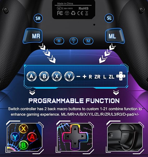 Wireless Switch Controller for Nintendo Switch/Switch 2/Lite/OLED, Switch Pro Controller support iOS/Android/Windows PC, Switch Remote Gamepad with Programmable Macro/Turbo/Motion Control/Vibration/Wake Up