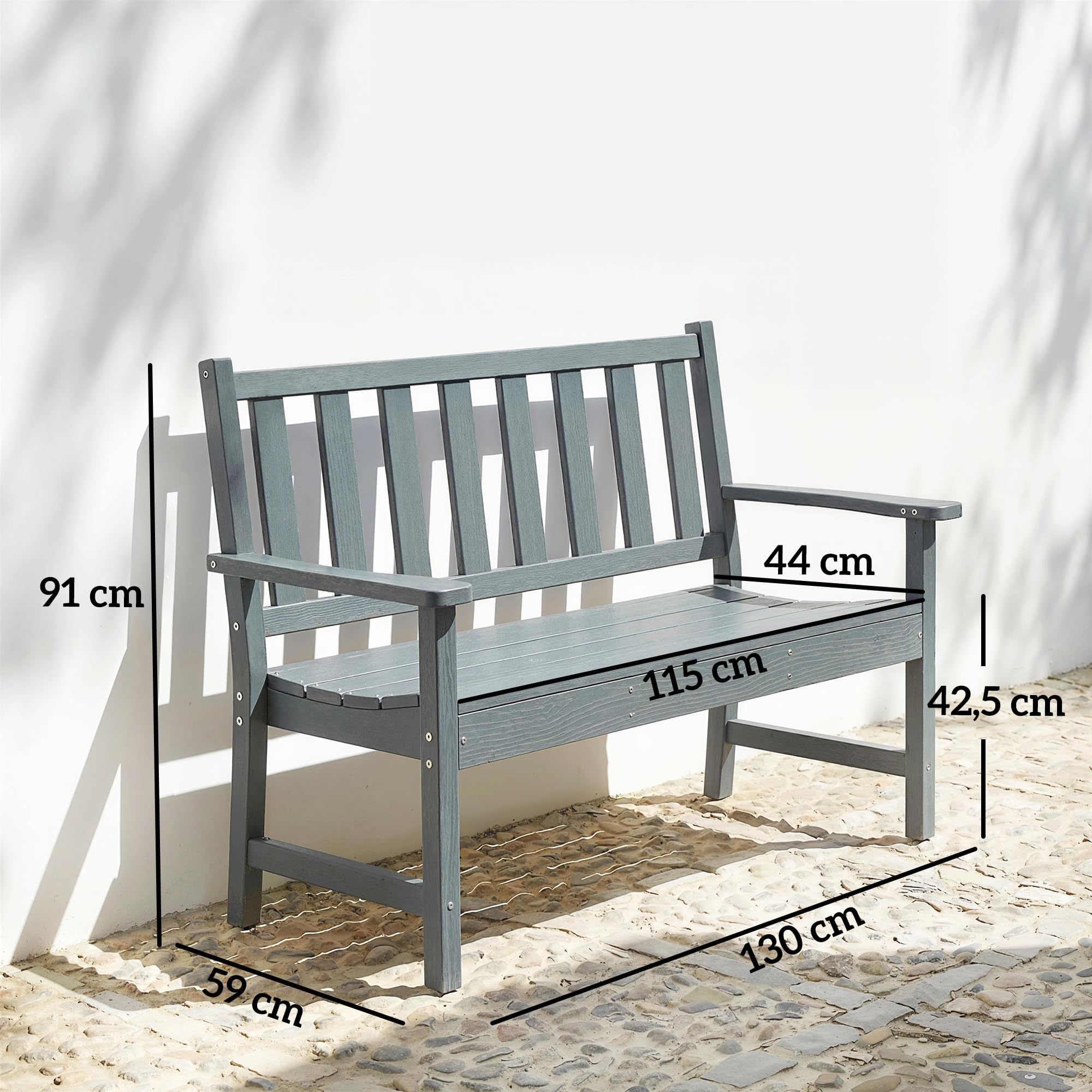 Outsunny Gartenbank 2-Sitzer wetterfest Kunststoff Outdoor Sitzbank mit Lamelldesign Holzoptik Rückenlehne Ergonomisch Balkonbank bis 240kg Parkbank Gartenmöbel für Garten Park 130 x 59 x 91cm Grau