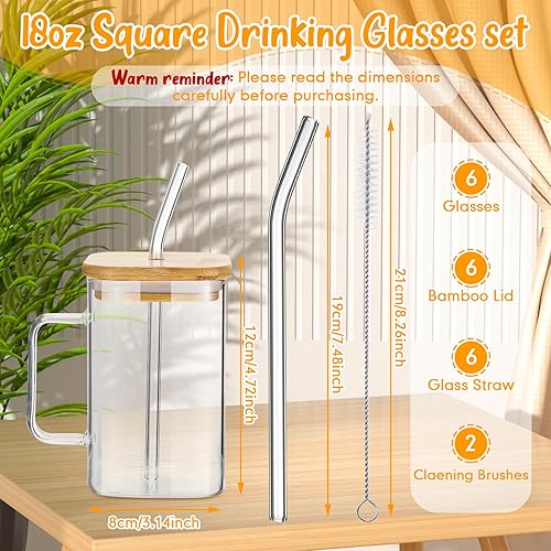 Miniatura 3 de Rtteri Juego de 6 vasos cuadrados de vidrio con tapa de bambú, popote y asa, tazas de café portátiles para fiesta de graduación, regalos del día de