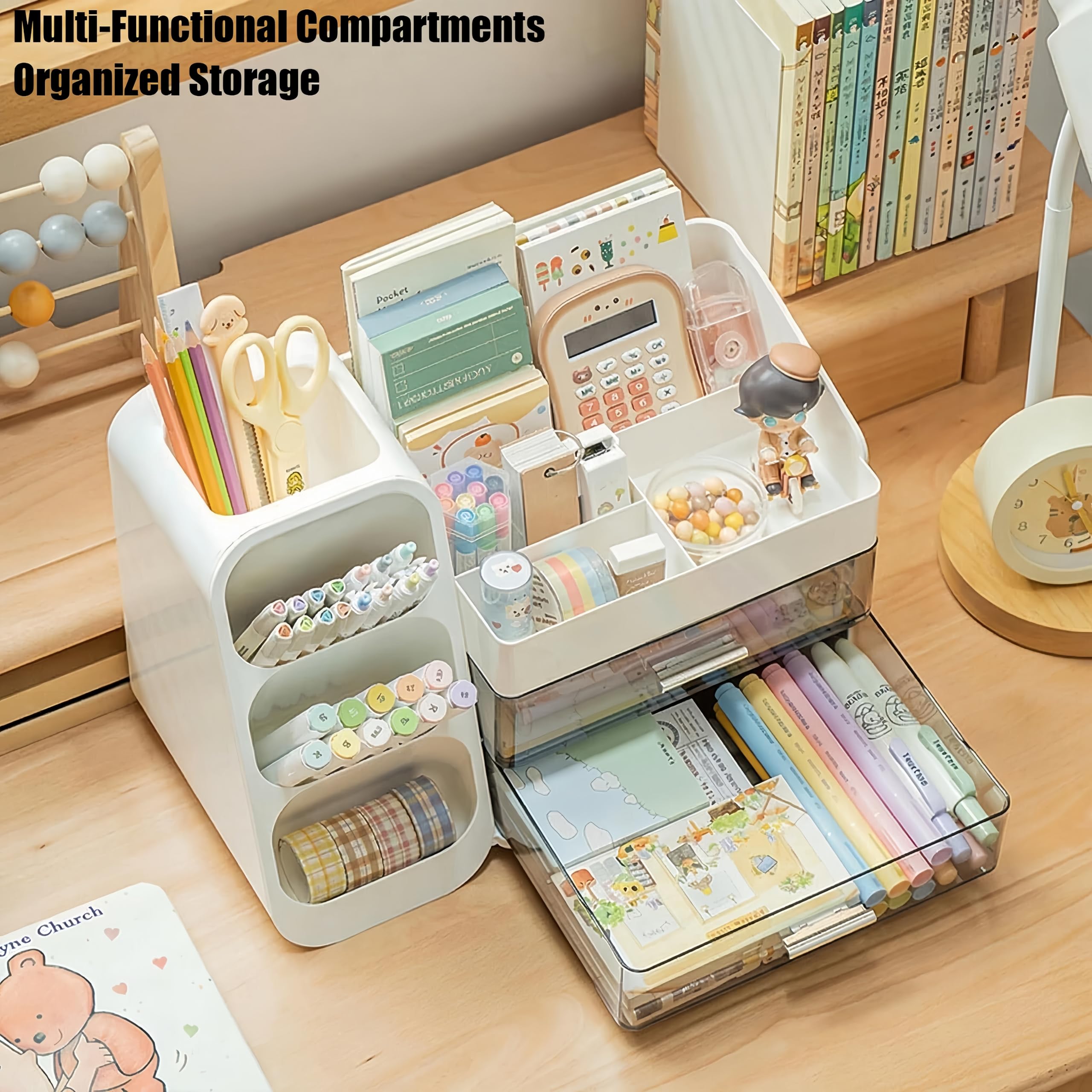 Organizer da scrivania con portapenne, portapenne con 2 cassetti e 4 scomparti, organizer da scrivania e portaoggetti per ufficio, casa, scuola, forniture artistiche (rosa)