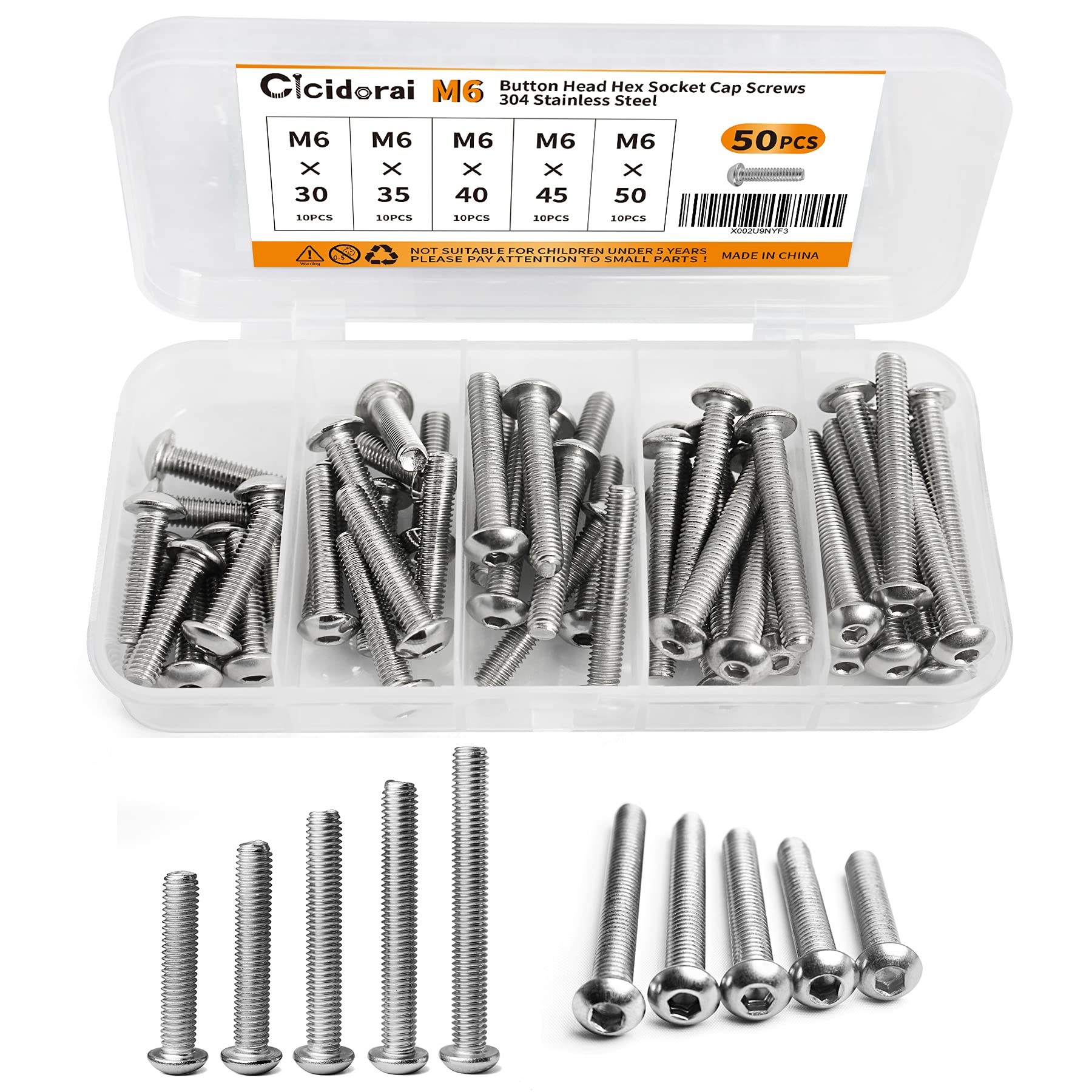 Cicidorai M6x30 35 40 45 50mm Button Head Hex Socket Cap Screws Bolts, Stainless Steel Screws Assortment Kit, Full Machine Threads, Allen Socket Drive 50 Pcs