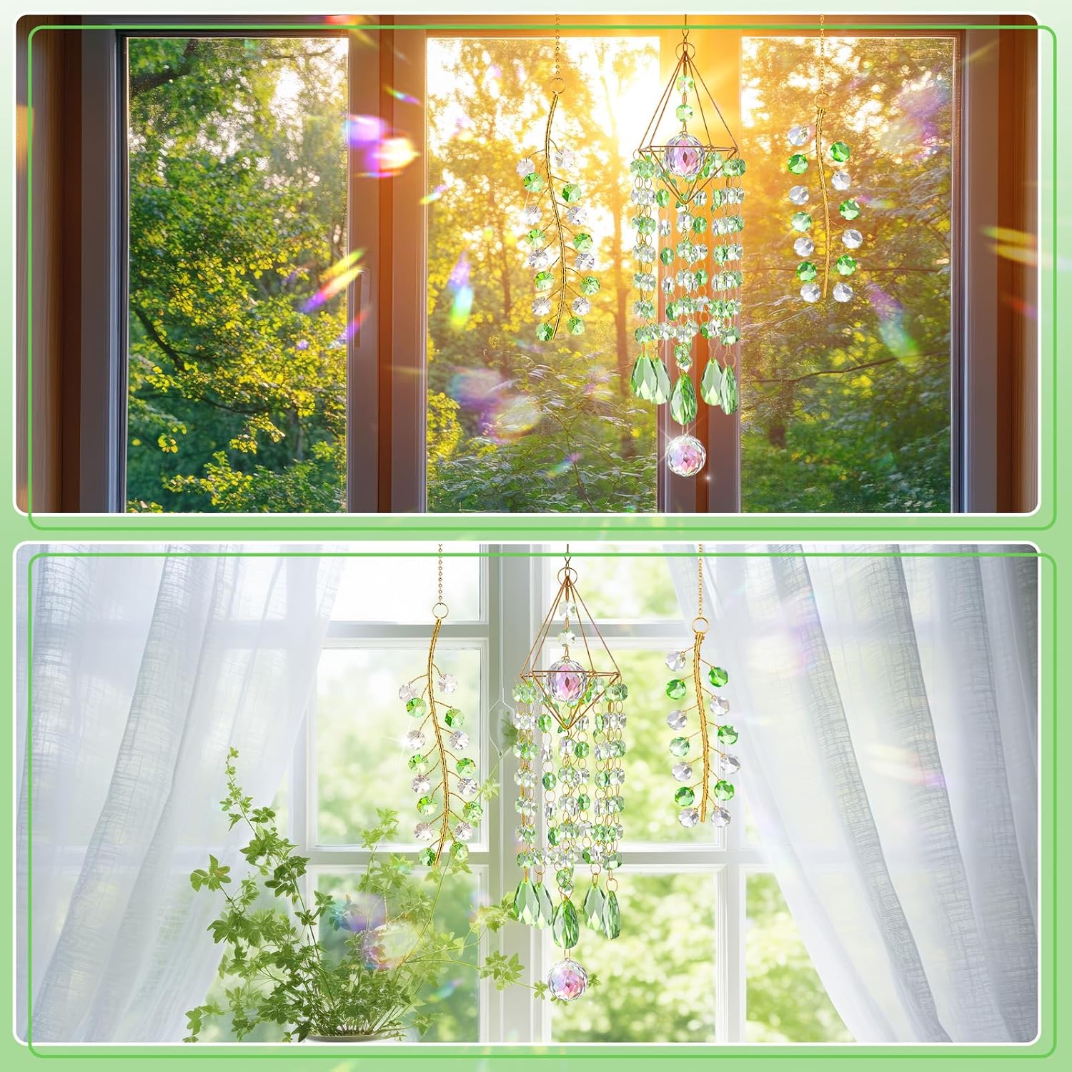 Crystal Suncatcher 3 PCS Hanging Prism Window Decor, Green Glass Sun Catcher with Metal Frame and Rainbow Light Reflection for Indoor Outdoor Garden Patio