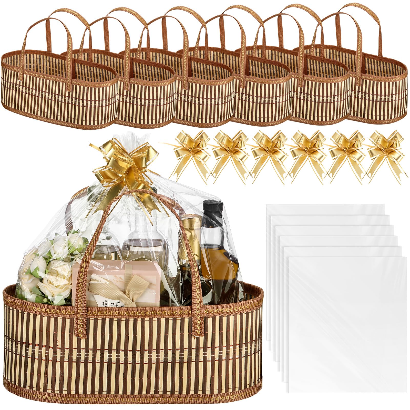 Reallnaive 6 juegos de cestas tejidas para regalos, cestas vacías grandes de bambú con asa, bolsa de celofán y cinta de flores, cestas de regalo plegables resistentes para Navidad, Acción de Gracias