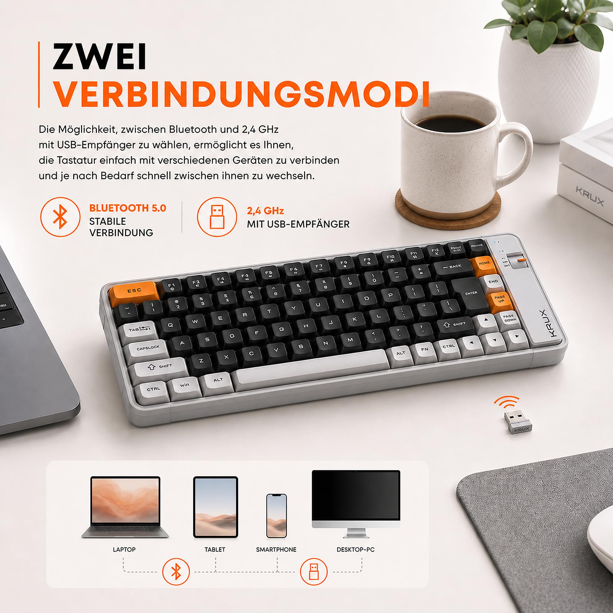 KRUX Zyro 75%, Bezprzewodowa klawiatura membranowa 84 klawisze, Bluetooth + 2,4 GHz + USB-C, cicha, układ US ANSI, Windows/Mac/Linux/Android, szaro-żółta, retro design