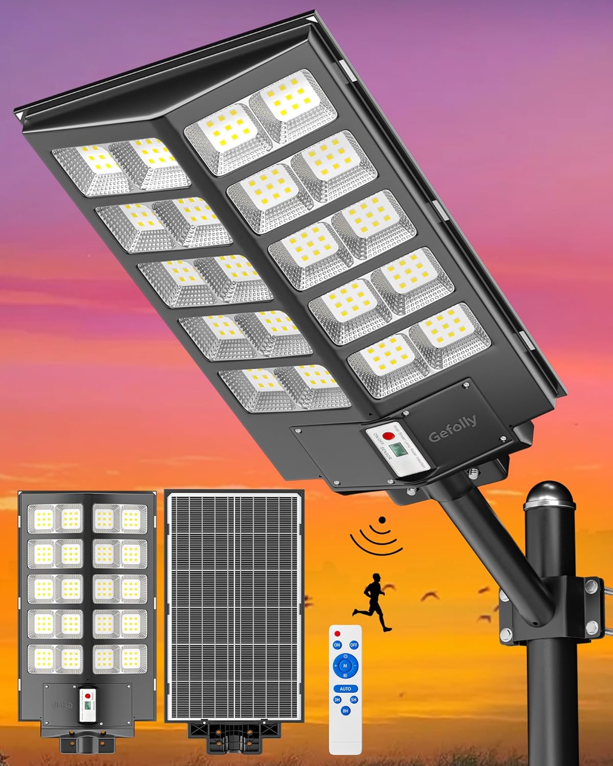 Gefolly SL-6200W Solar Street Light Outdoor 620000LM Wide Angle Commercial Parking Lot Lights Dusk to Dawn 6500K Solar Flood Security Light IP67 Solar Lamp for Basketball Court, Yard, Road