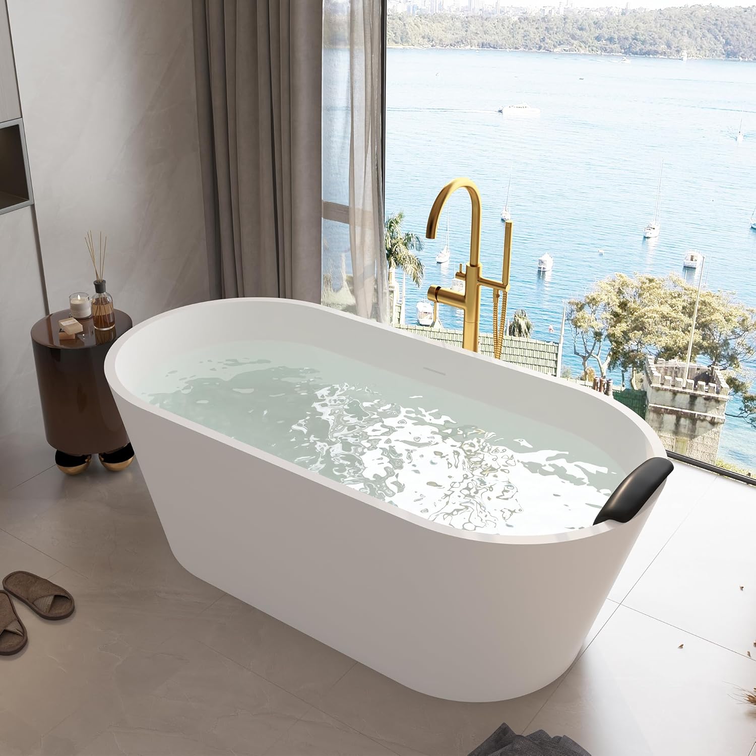 CASAINC 67'' Freestanding Bathtub with Pillow Luxury Resin Stone Free Standing Tub Matte White