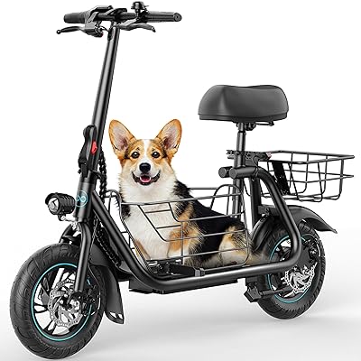 Gyroor Adults Electric Scooter with Large Middle Basket, 550W Motor 18.6 MPH 20 Mile Distance, Foldable E-Scooter with seat for Pets & Cargo