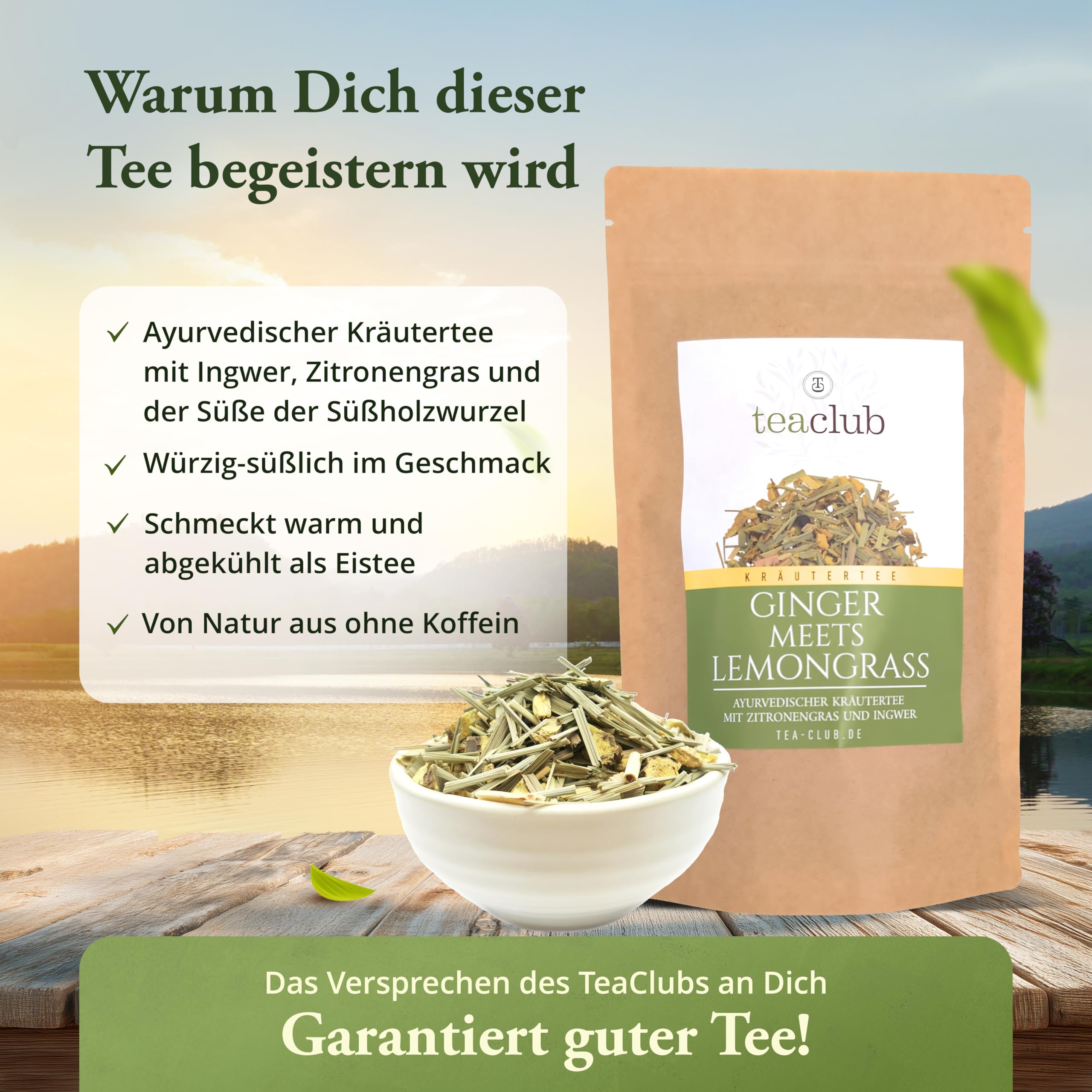 TeaClub Ayurvedischer Kräutertee Lose 500g – Ingwer Zitronengras Herbal Tea | Koffeinfreier Ayurveda-Tee, Ingwer, Zitronengras & Süßholzwurzel, natürliche Süße, Süßholzwurzel Tee Mischung glutenfrei