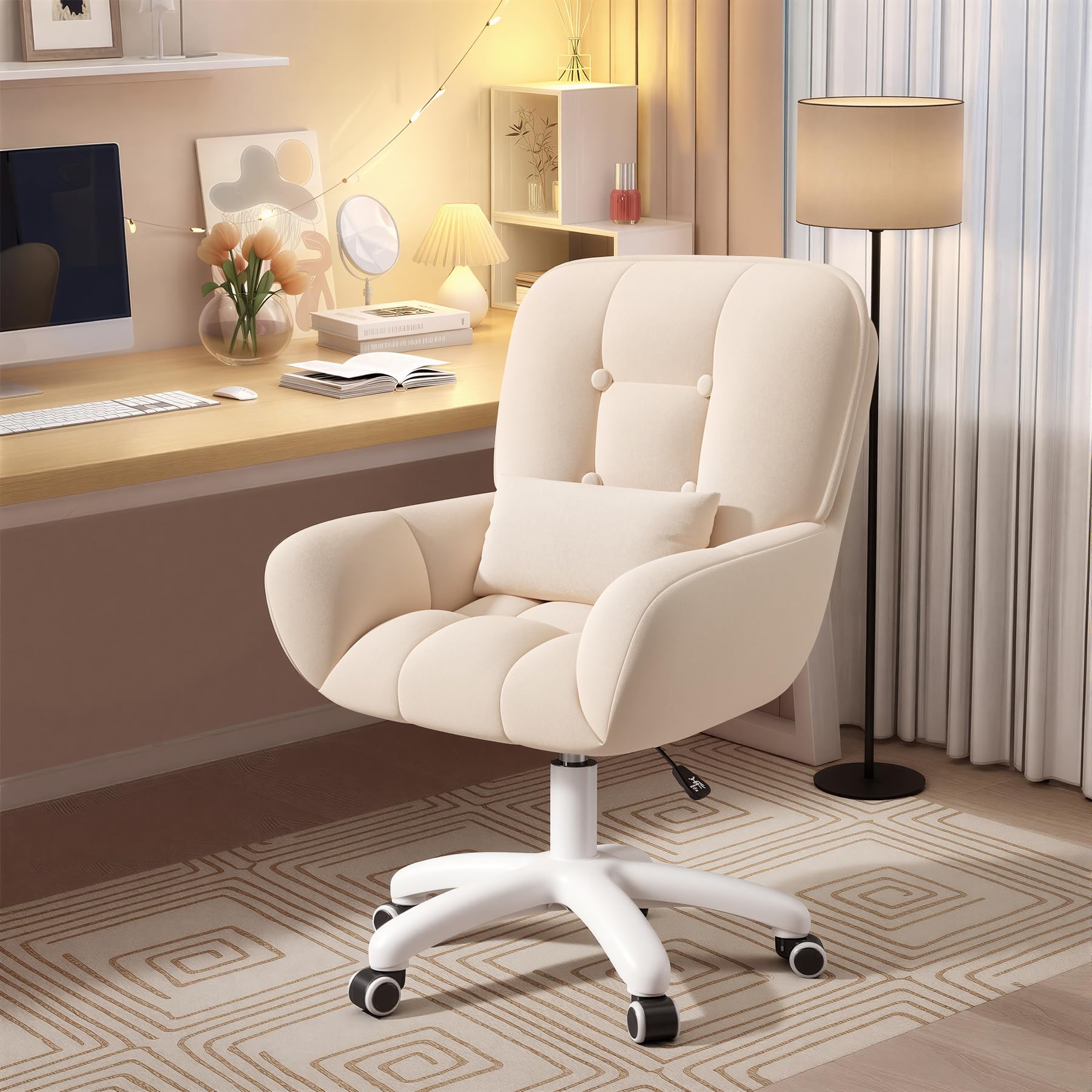 Bureau à Domicile et Chaise de Maquillage 2 en 1 Chaise pivotante Ergonomique en Velours 360° avec Coussin pour la tête, réglable en Hauteur pour Bureau ou Chambre à Coucher Beige