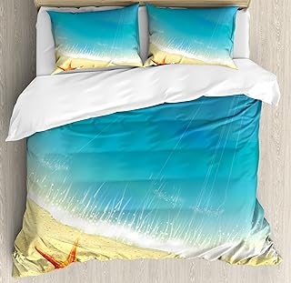 Ambesonne Starfish Duvet Cover Set, Seashore View Waves on Sandy Beach Caribbean Paradise Summer Season Illustration, Decorative 3 Piece Bedding Set with 2 Pillow Shams, Queen Size, Blue Cream