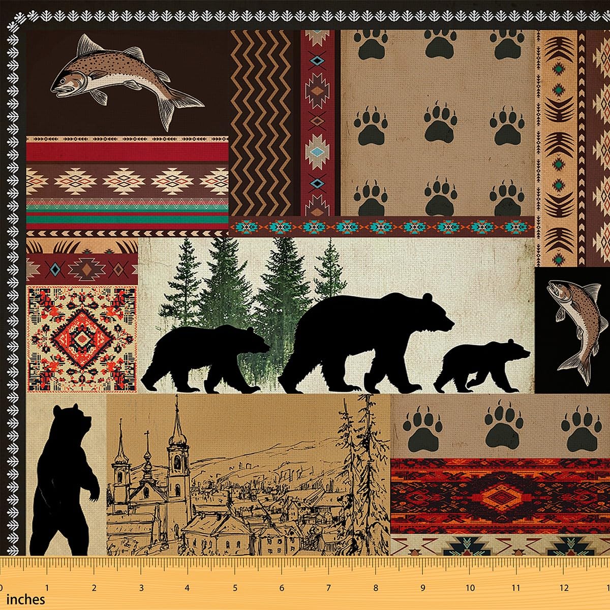 Rustic Bear Fabric by The Yard - Southwestern Native American Upholstery, Wild Animal Bears Claw Decorative, Brown Black Silhouette Woodland Farmhouse