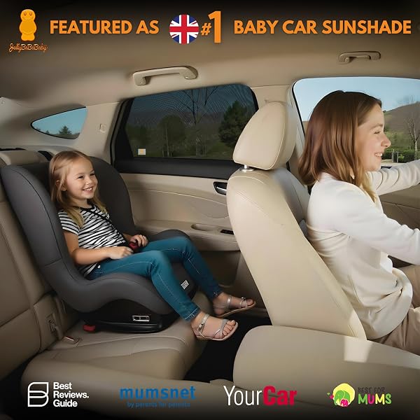 JellyBabaBaby JBB Premium Car Window Shades for Baby – 2 Pack Stretchable Mesh (Fits 95% Cars) | Baby Car Sun Shades – UV Protection for Kids & Pets | Rear Side Car Window ShadesBaby | Breathable Privacy Shade in use