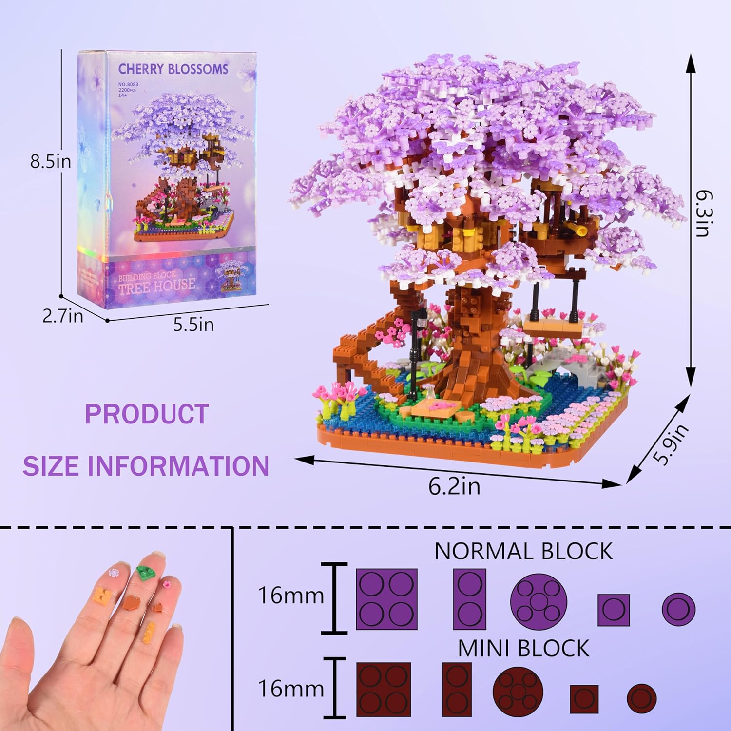 Dimensions of the purple cherry blossom tree house model: 6.2 inches wide, 5.9 inches deep, and 6.3 inches high.