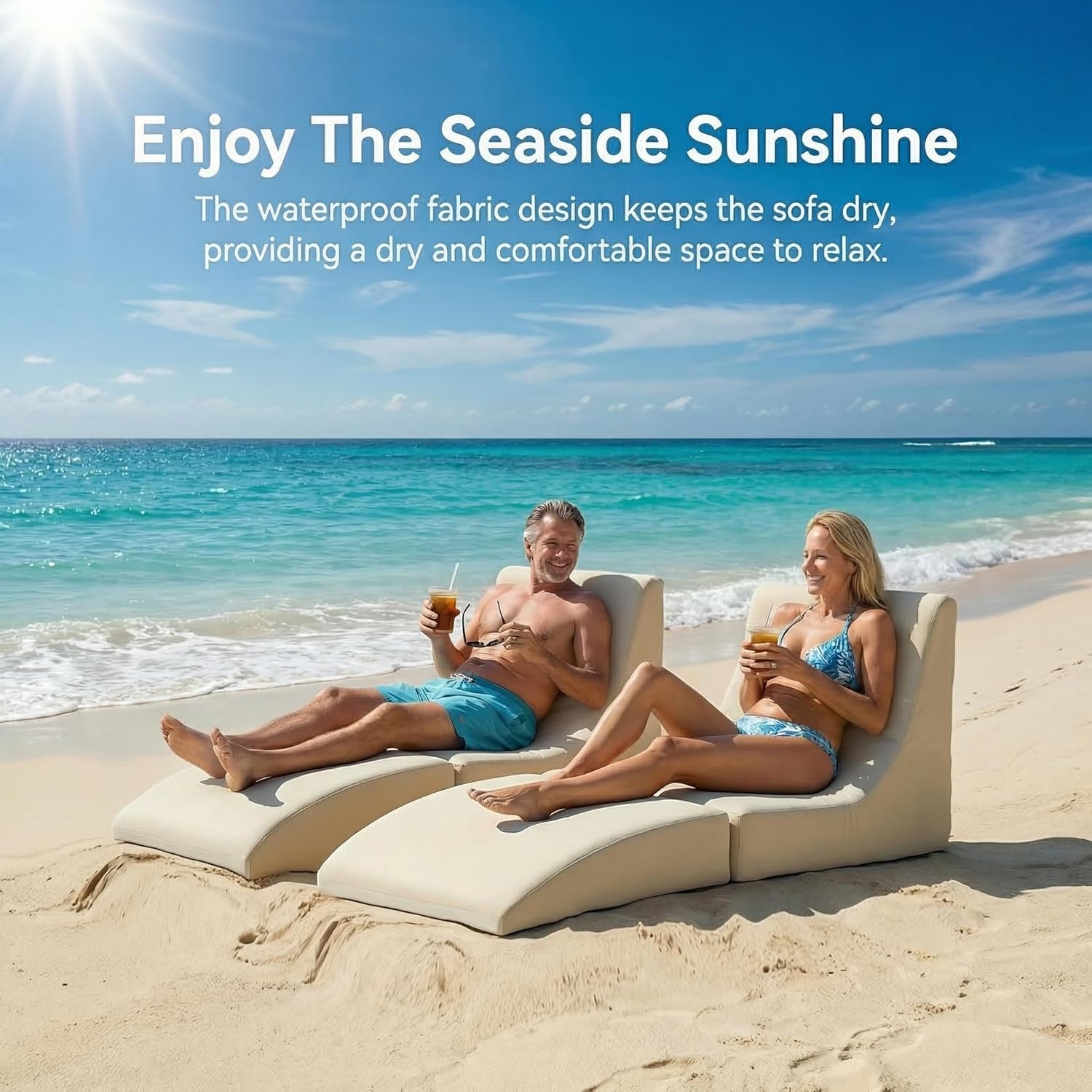 ZealWe Patio Lounge Chair Set of 2 Outdoor Bean Bag Chair with Back Support, Chaise Lounge Chair Waterproof Beach Bean Bag Couch for Adults, Memory Foam Filled for Poolside Balcony, Beige | water proof