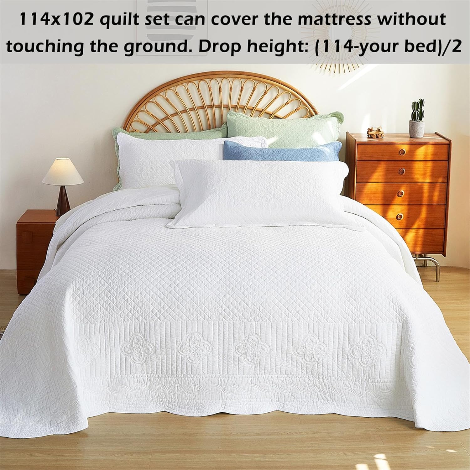 Cmfshape 100% Cotton Quilts California King Size-114"x102" Bedspread Set White-Plaid Pattern Bedding 3 Pieces-Pre-Washed Lightweight Coverlet-Suitable for Bed,Couch All Seasons