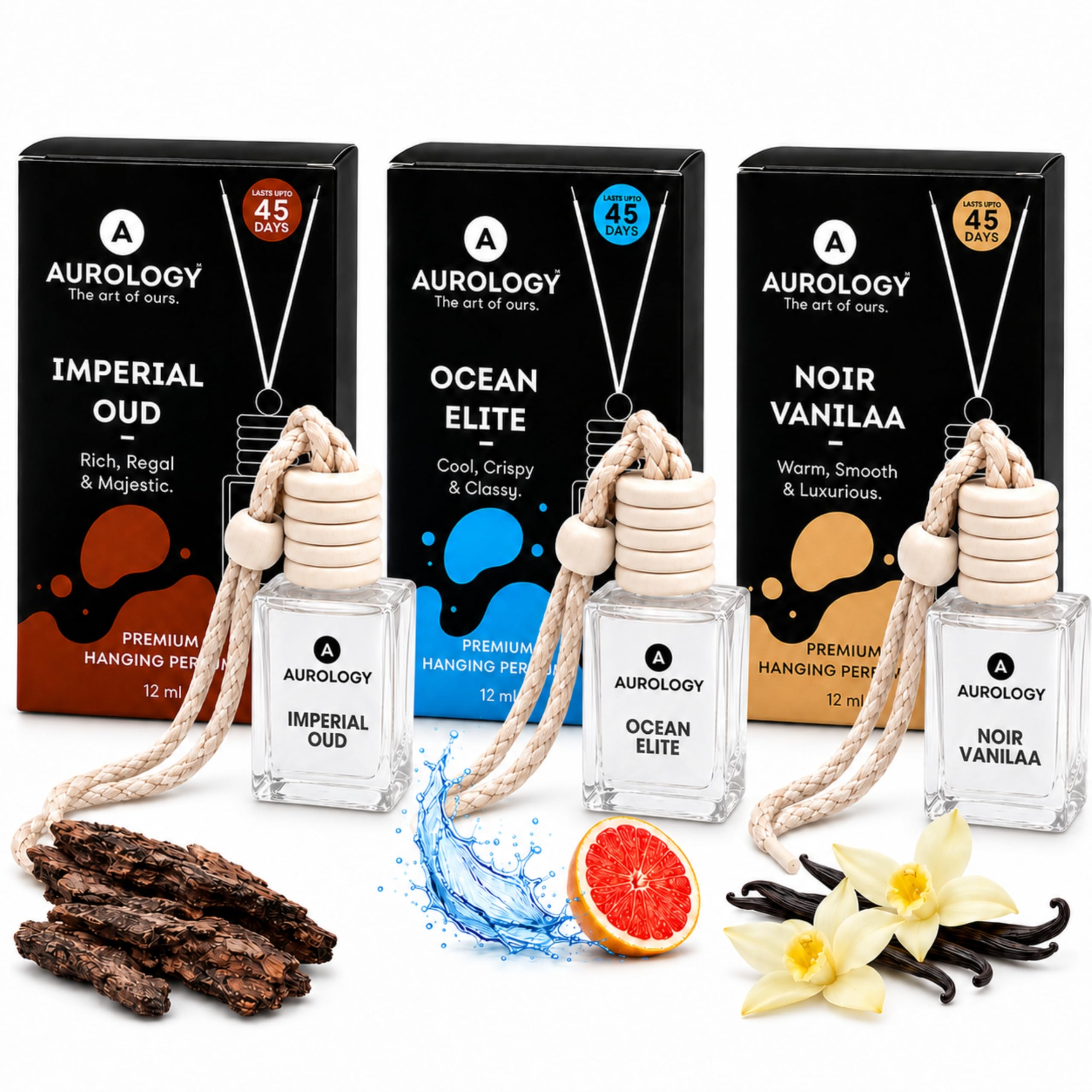 Ocean Elite, Imperial Oud & Noir Vanilla Car Hanging Perfume 12ml (Pack of 3) | Warm Vanilla, Woody Oud & Fresh Marine Car Air Freshener Set | Long Lasting Glass Bottle Car Diffuser with Wooden Cap-image-43