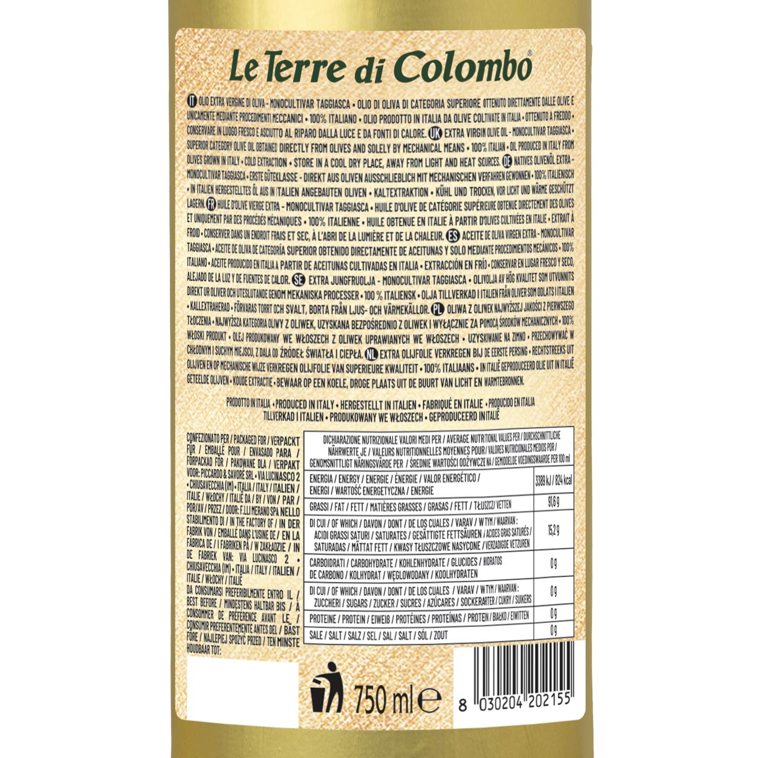 Le Terre di Colombo - Olio Extravergine d'oliva Taggiasca - Bottiglia Dorata - 0.75 litri