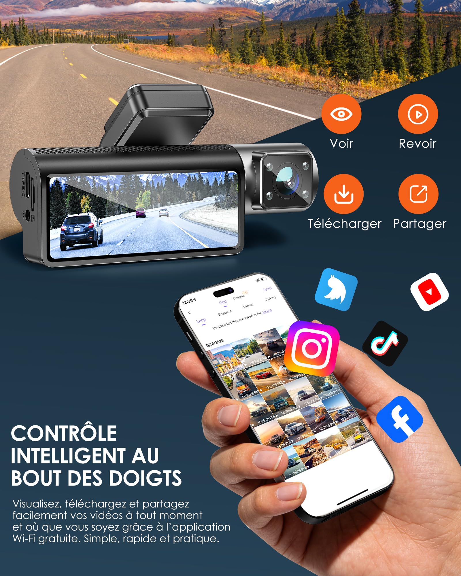iZEEKER Dashcam Voiture 3 Canaux 4K avec Carte SD 32 Go, 4K+1080P+1080P Avant, Arrière et Intérieur, WDR, Vision Nocturne IR, WiFi 6, 170°, Enregistrement Boucle, Capteur G, Mode Parking 24H