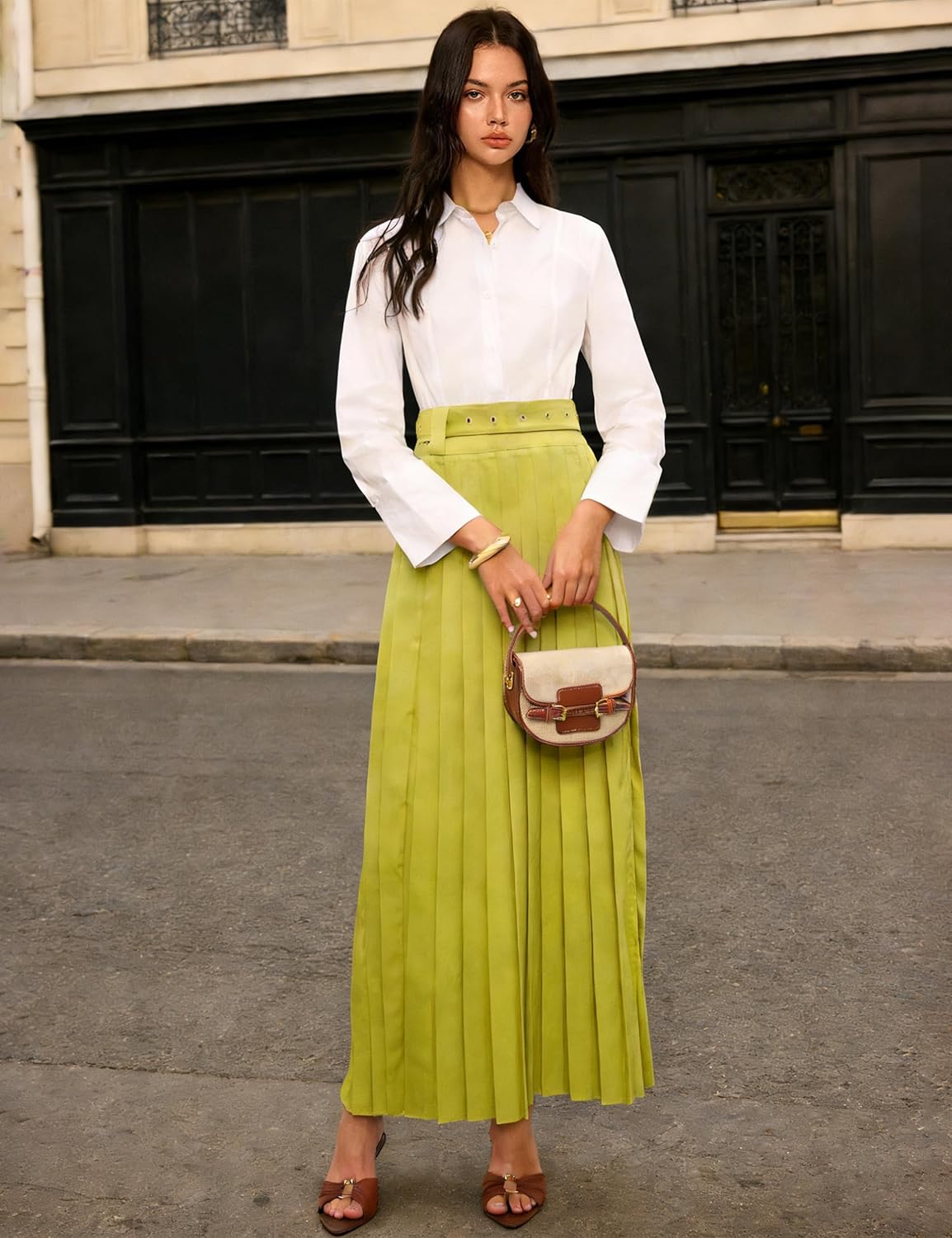 oshoplive Pleated Maxi Skirt for Women High Waisted H line Long Flowy Skirt with Slit Floor Length Loose Fit Elegant Retro