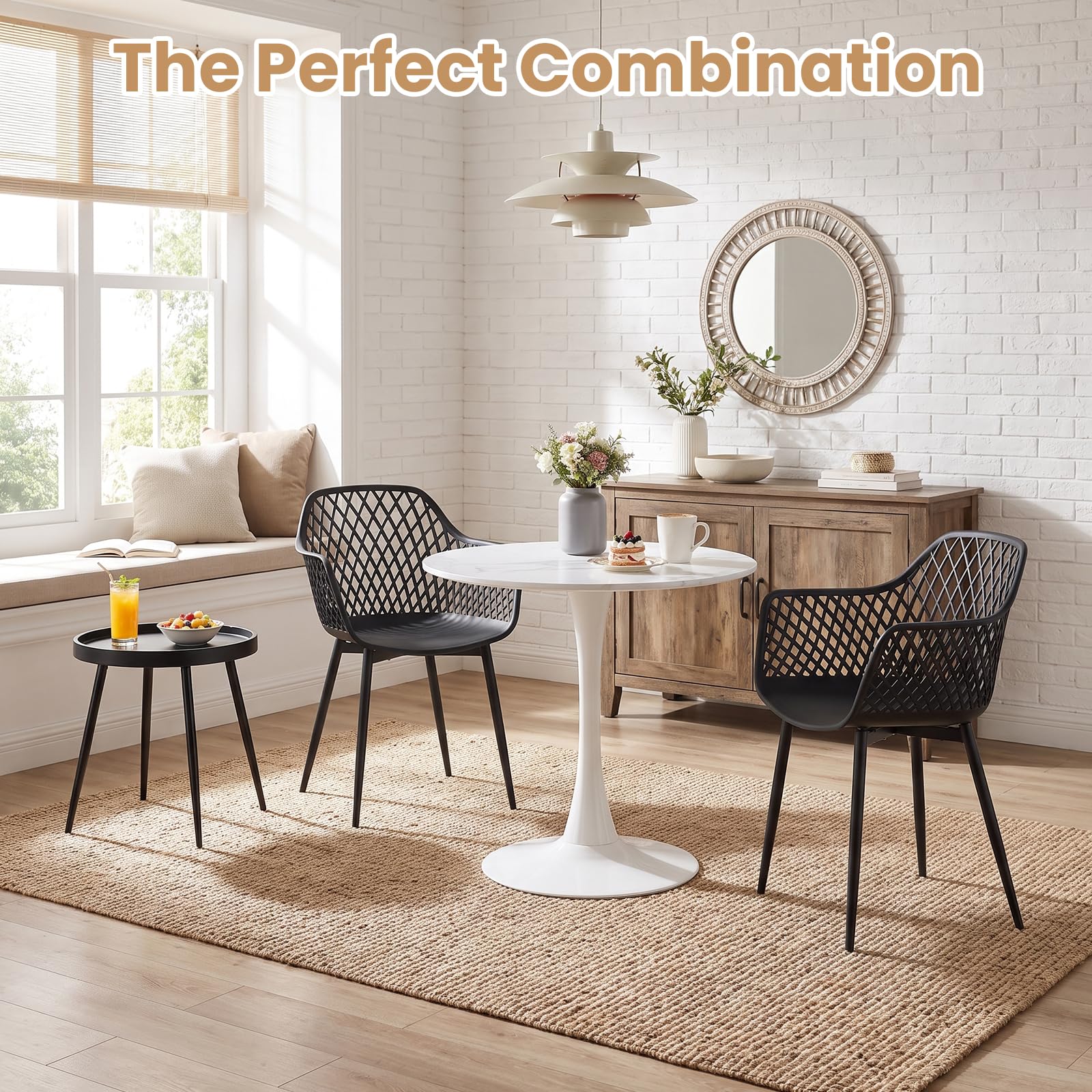 Tavolo bistrot con 2 sedie, piccolo tavolo da pranzo con 2 sedie | Set tavolo e sedie per sala da pranzo: 2 poltroncine nere + 1 tavolino + 1 tavolo effetto marmo – ⌀ 80 cm