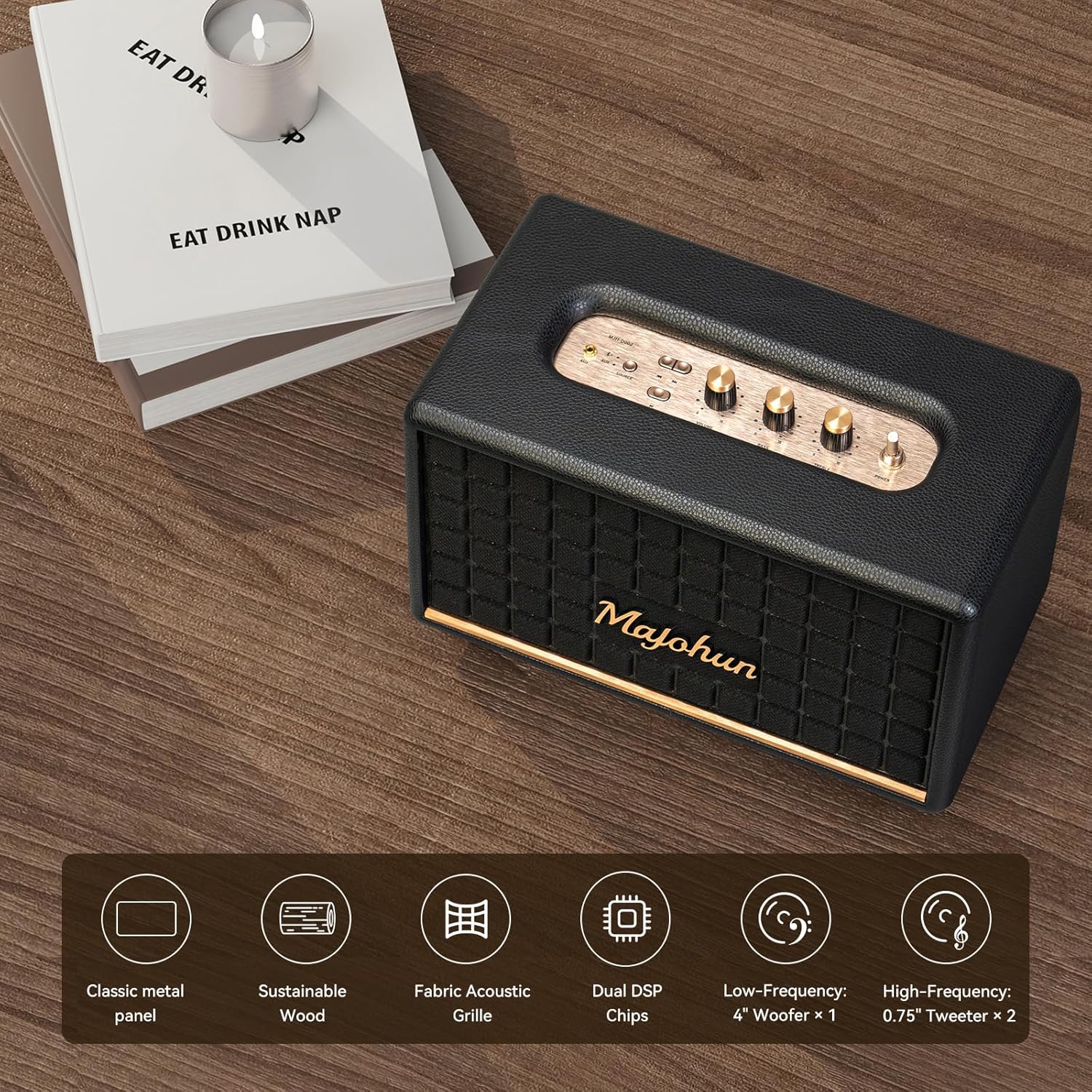 100W (Peak) Wood Bluetooth Speaker for Home, Vintage Speaker with Bluetooth 5.4, TWS Paire, Stereo Sound with Bass/Treble Control, AUX and USB Input, Retro Speakers for Home, Room, Office,Party(Black) - Image 8