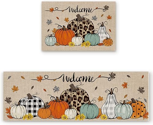 Alfombras y tapetes de cocina de Acción de Gracias, 2 unidades, acuarela, leopardo, cuadros, calabazas, hojas de arce, tapetes de cocina para piso,