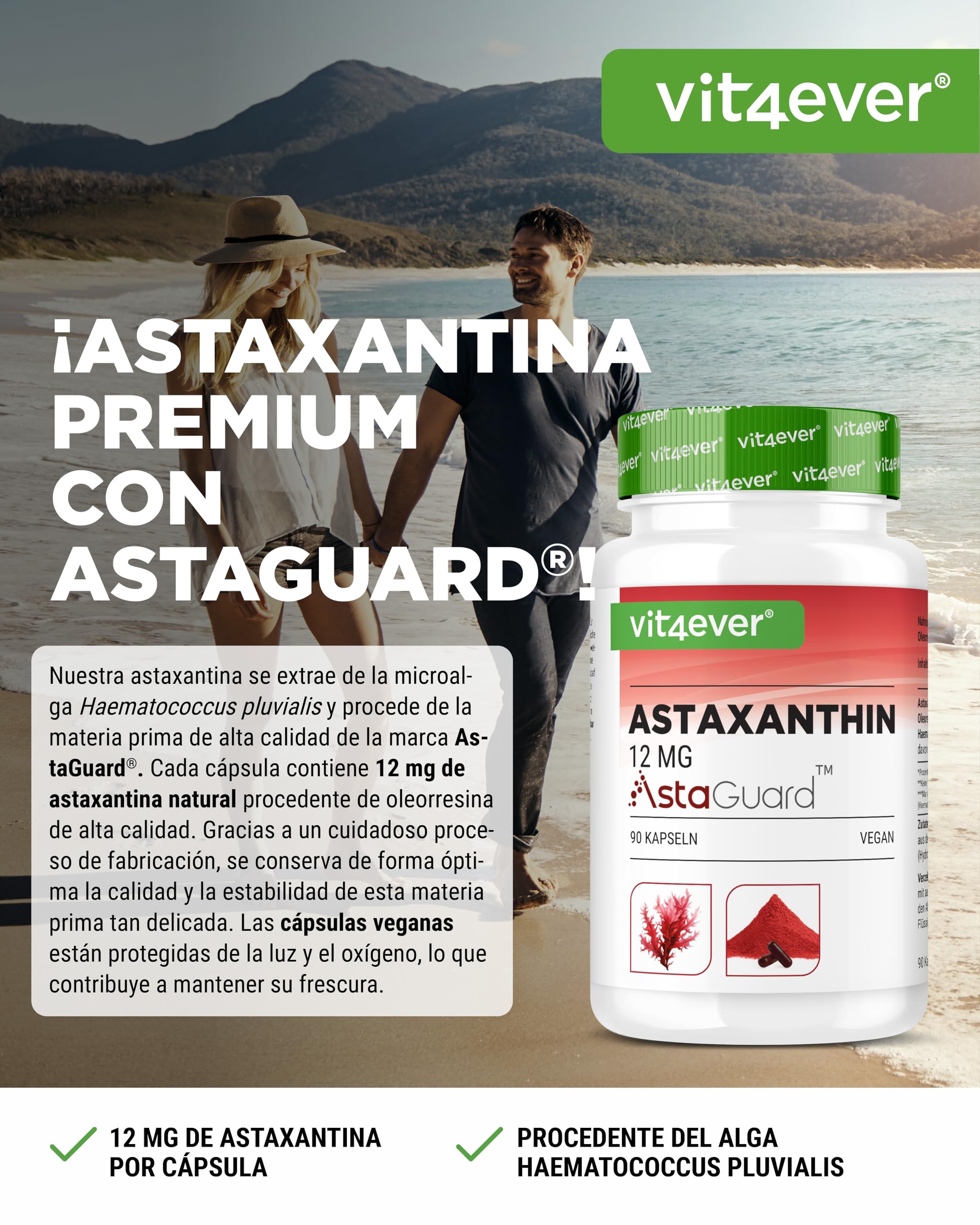vit4ever Astaxantina 12 mg AstaGuard® - 90 Cápsulas Veganas - Alta Dosis - Suministro para 6 Meses - Oleorresina Premium de Haematococcus pluvialis