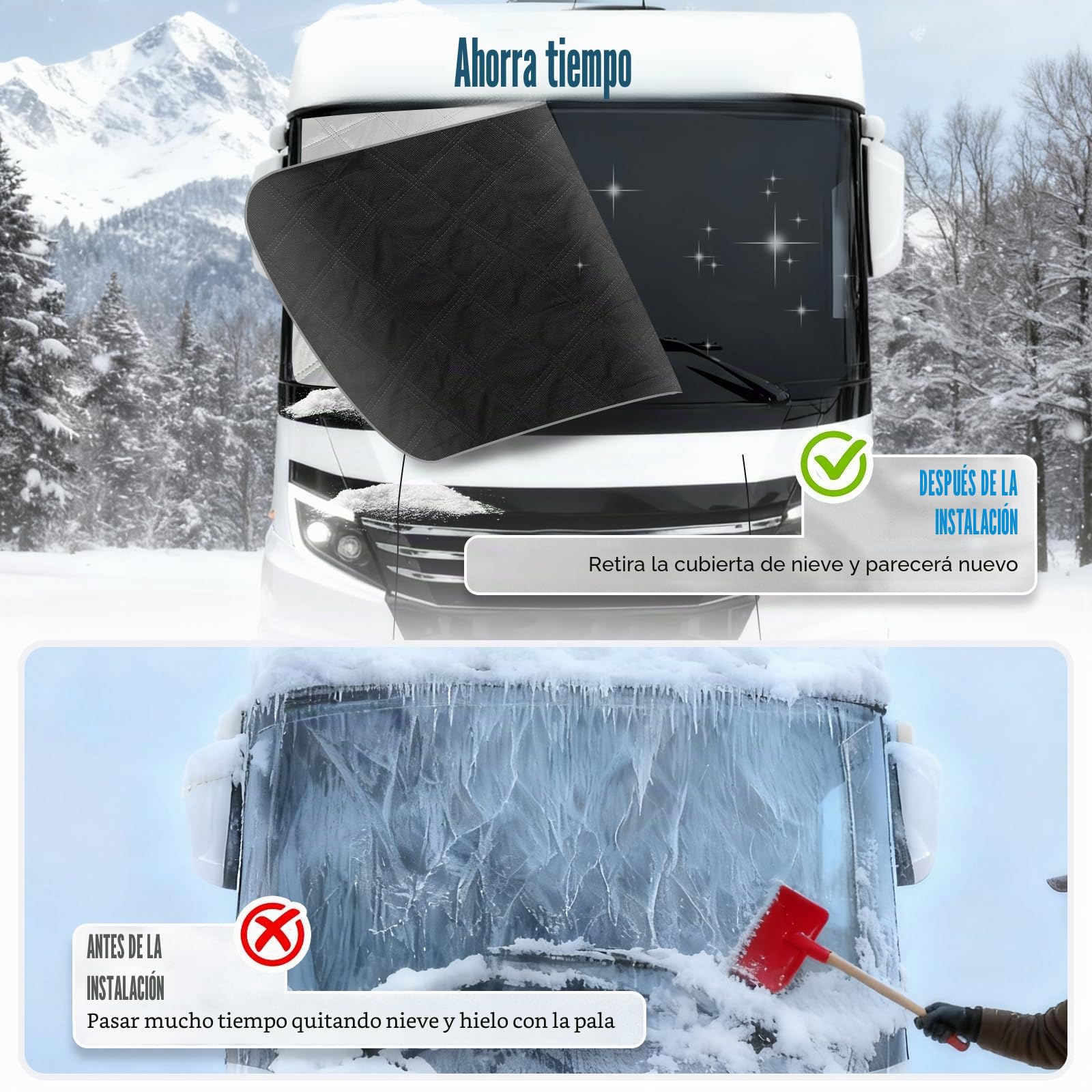 Funda para Parabrisas de Coche para Autocaravanas integradas, Funda Envoltura de Parabrisas de Lujo 600D para Clase A, Impermeable, Nieve, Hielo, Escarcha, Polvo, Sol (Plata)