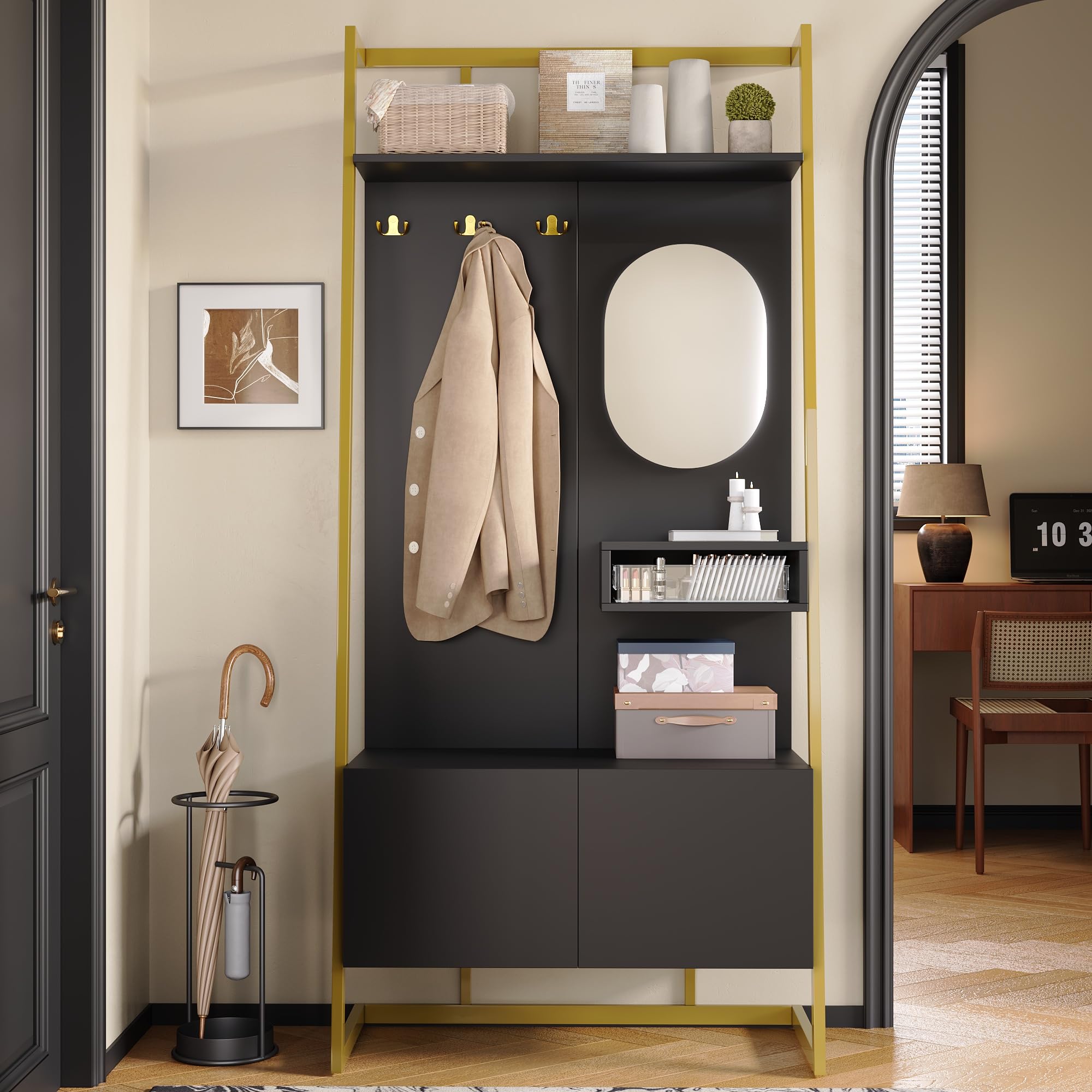 Moderno guardaroba compatto 80 x 180 cm, armadio aperto con specchio, gancio in metallo, con scarpiera, appendiabiti, nero