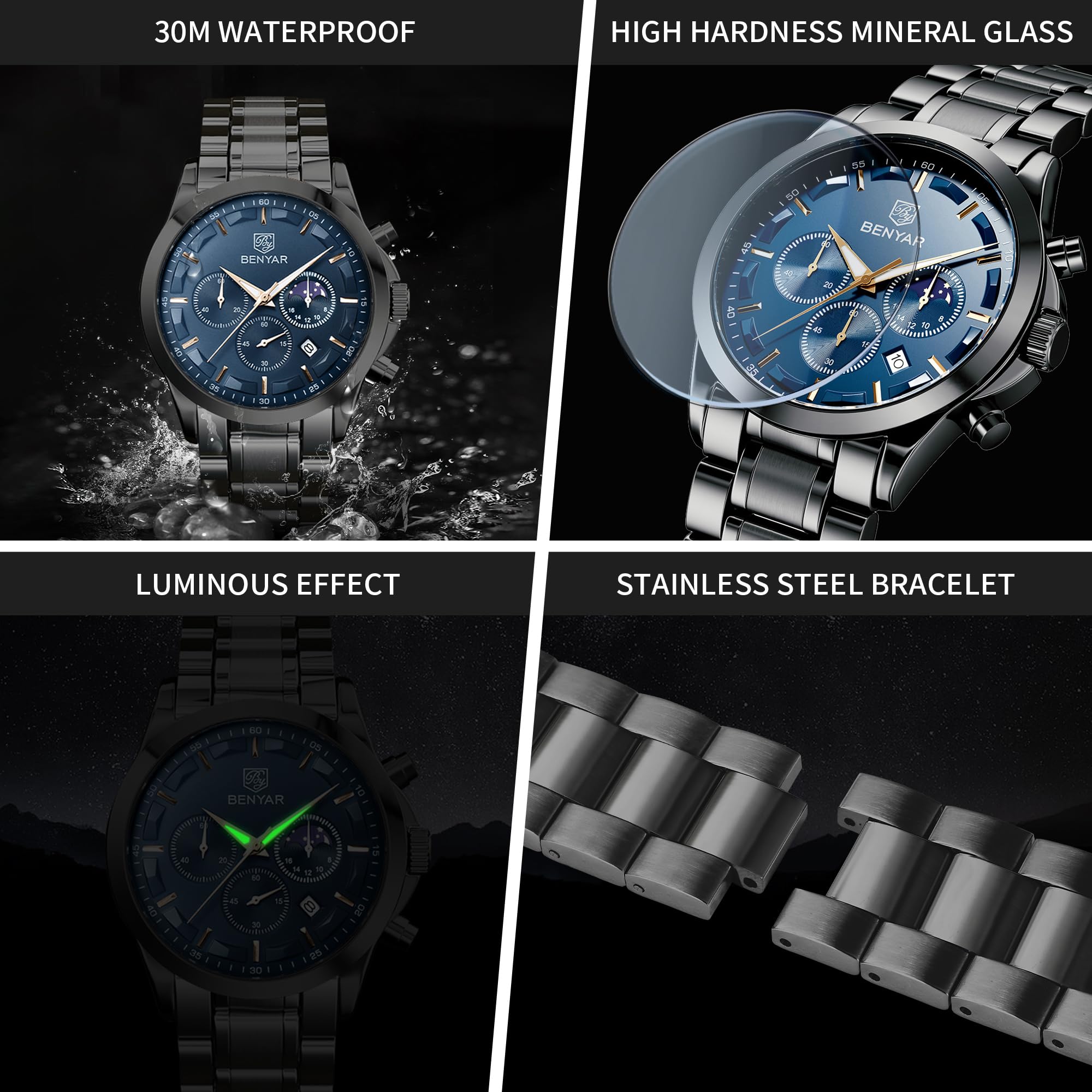BENYAR BY Orologi da uomo multifunzione cronografo orologio al quarzo per uomo nero acciaio inossidabile/cinturino in pelle analogico orologio da polso regalo casual business