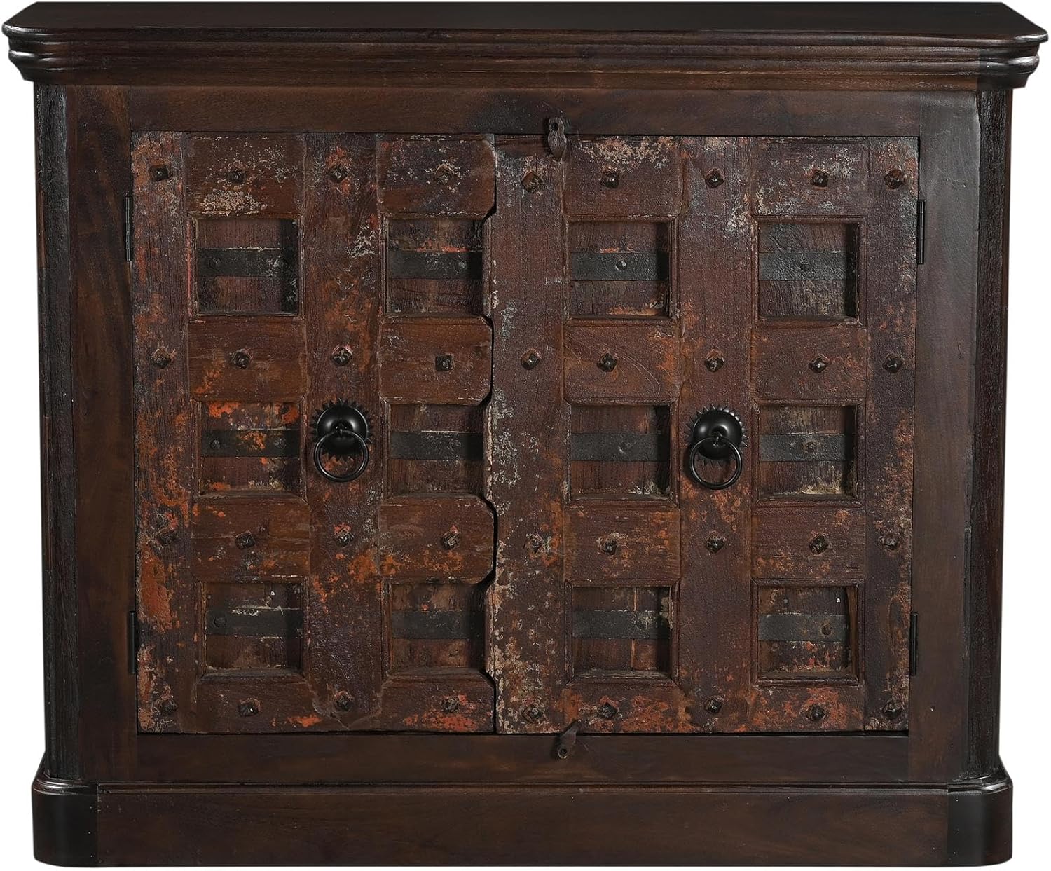 Dark Brown Carved Lattice 2-Door Solid Wood Sideboard Storage Cabinet