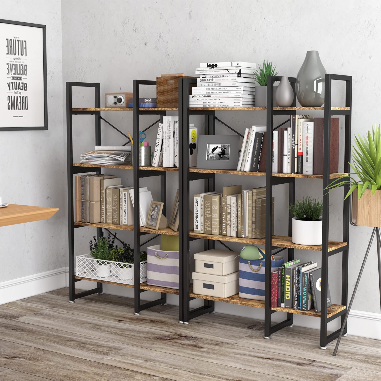 Etagere - Libreria industriale rustica a 4 ripiani, con struttura in metallo, per soggiorno, camera da letto, casa, ufficio, marrone rustico