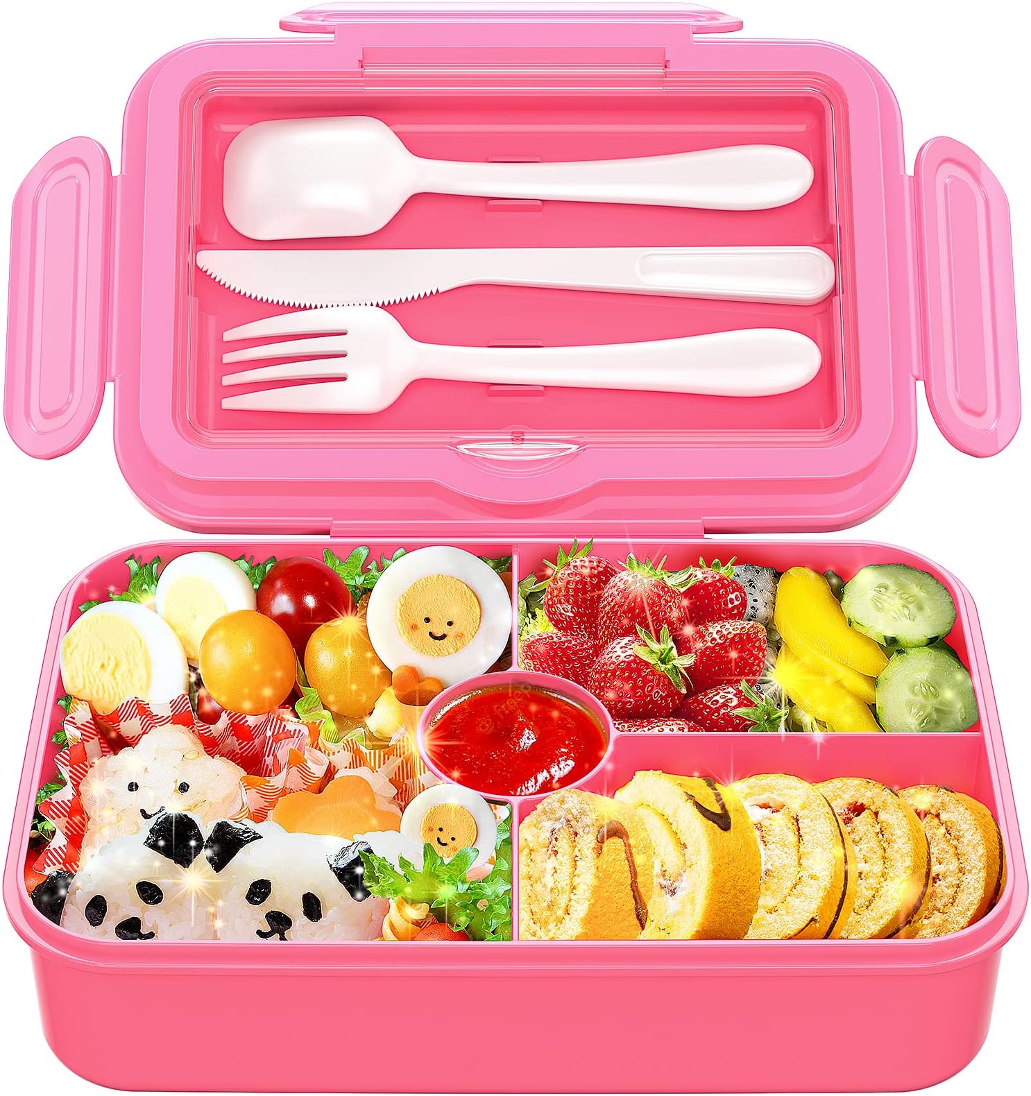 Bento Box Kids Lunch Box Containers 38 OZ 4-Compartment with Fork Spoon Leakproof BPA Free Food-Safe Materials - DaCool Lunch Box for Kids Girls School Meal Fruit Snack Microwave Dishwasher Safe, Pink