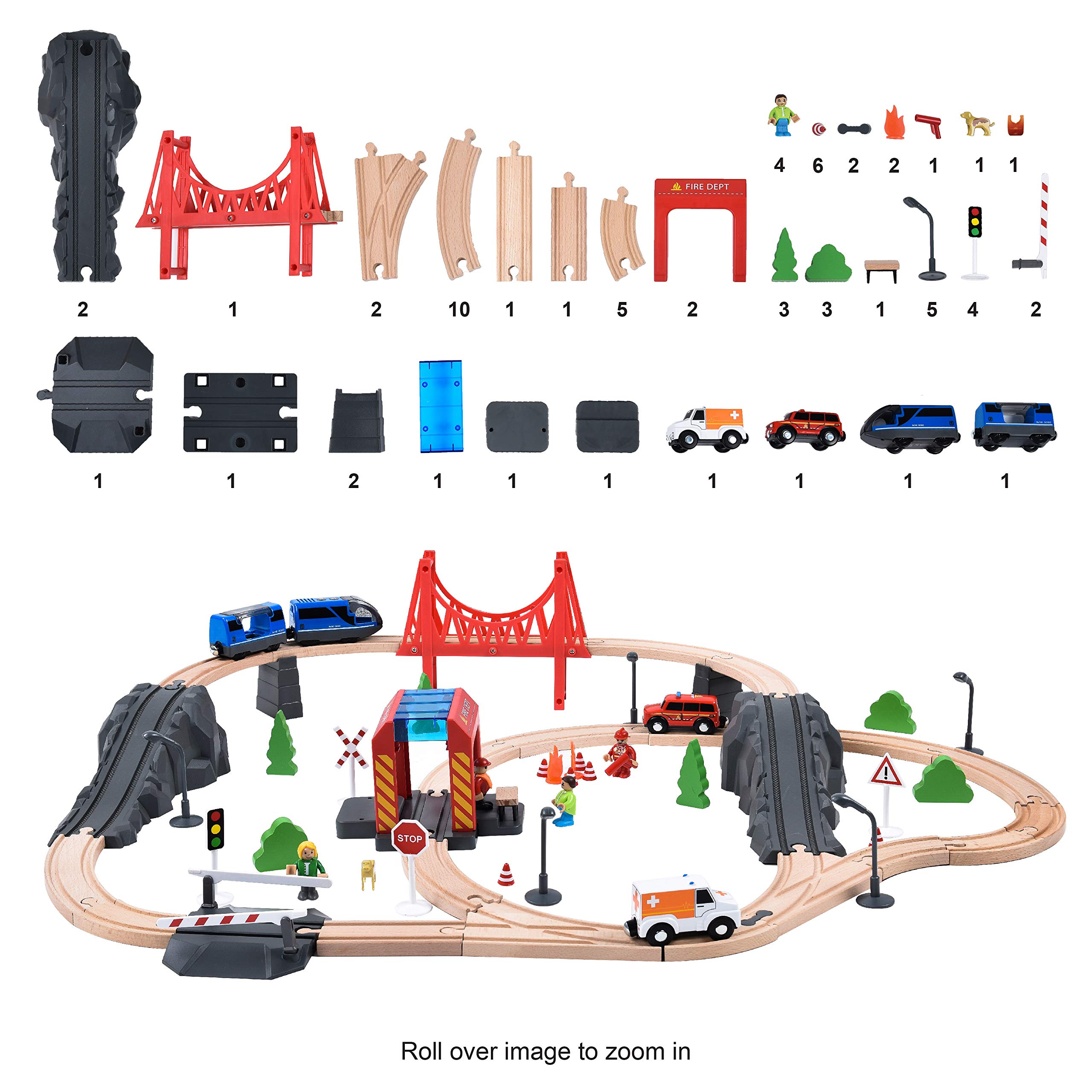 70PCS Wooden Train Set with Battery Train Fits Thomas, Brio