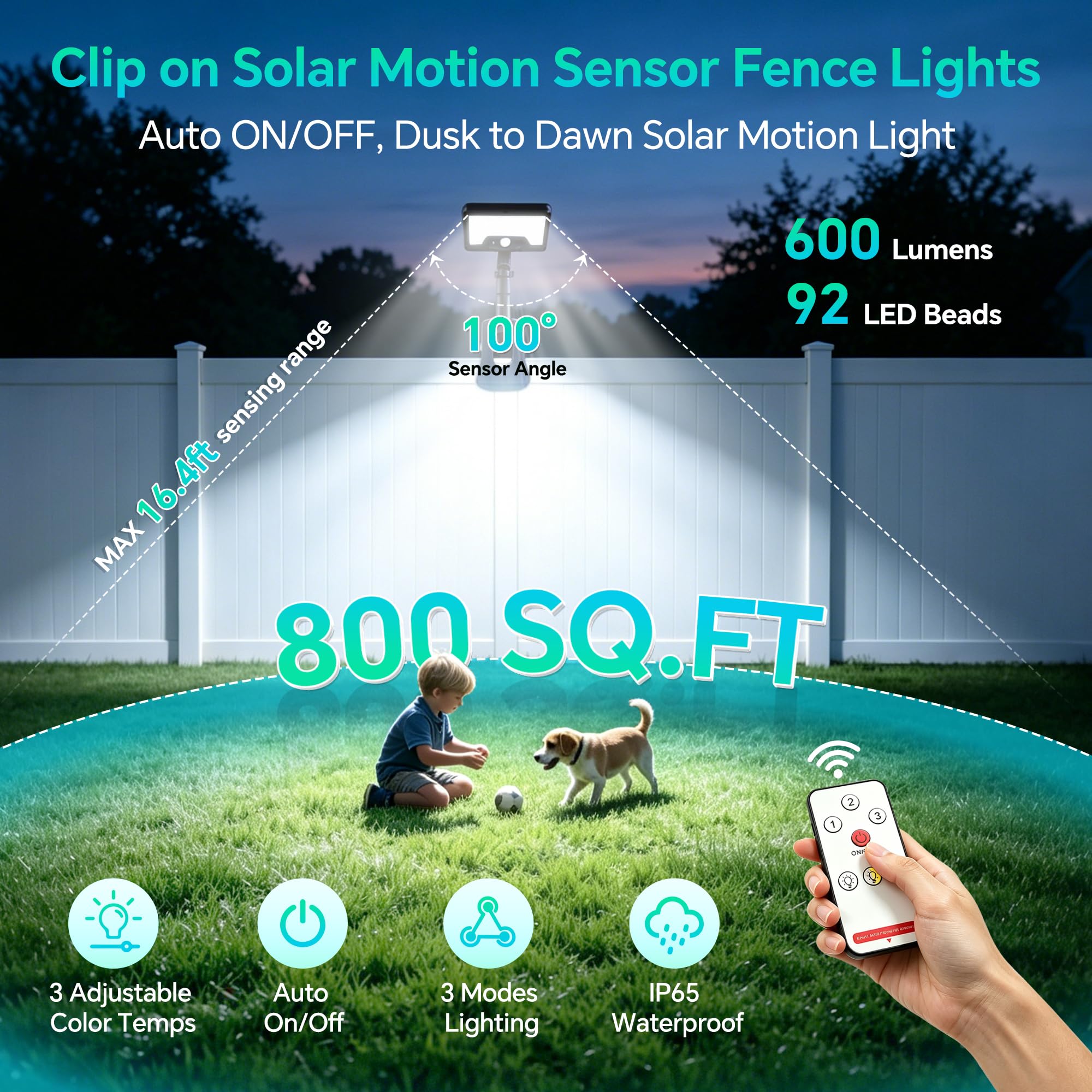 Lampade solari a clip per recinzione con sensore di movimento, applique da esterno, 2 pezzi | Ricarica solare e USB-C, 3 colori, con telecomando, IP65, rotazione 360° e inclinazione verticale 45°
