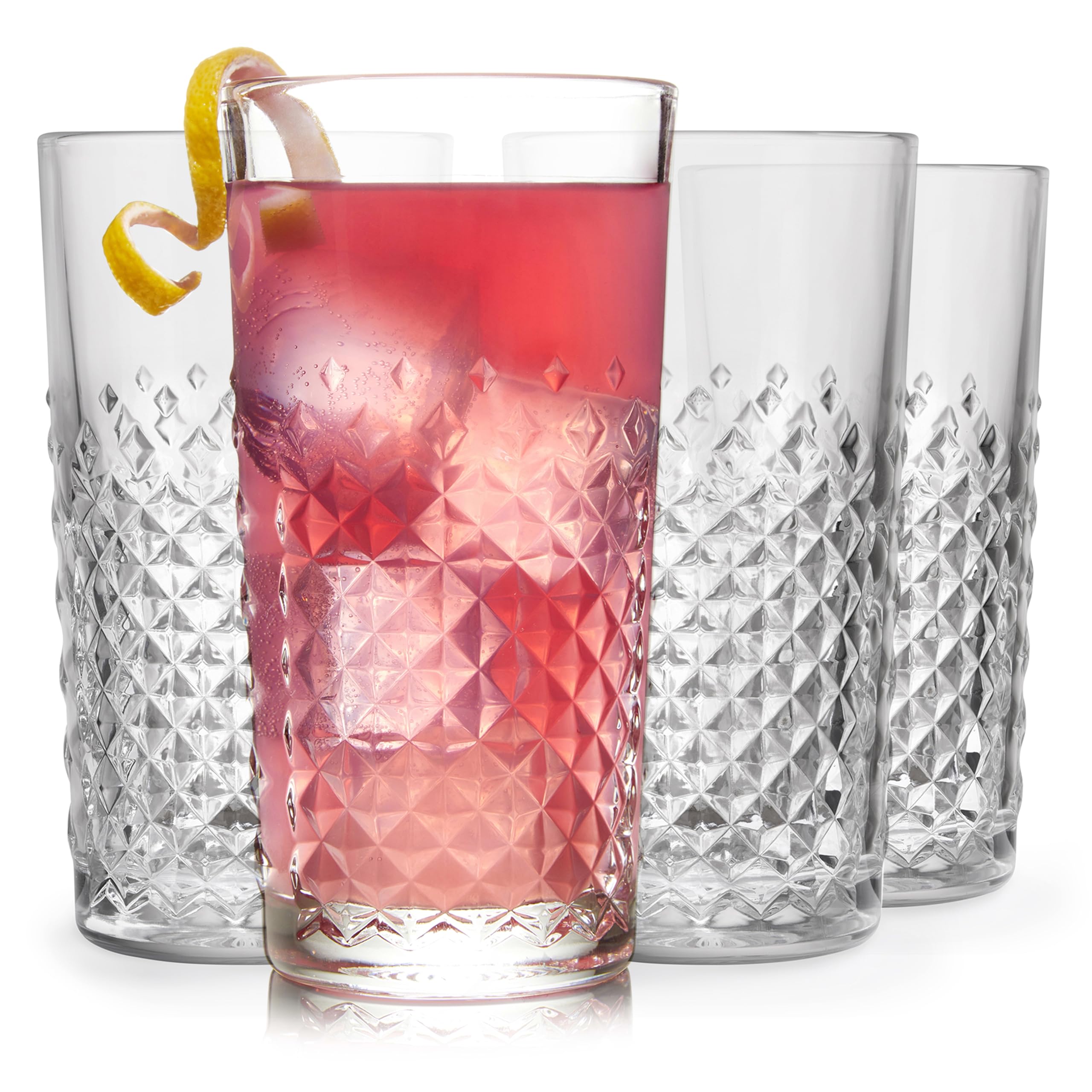 Libbey Carat Tumbler Glasses Set of 4 Faceted 14 oz Drinkware Glasses Set Dishwasher Safe Tall Drinking Glasses