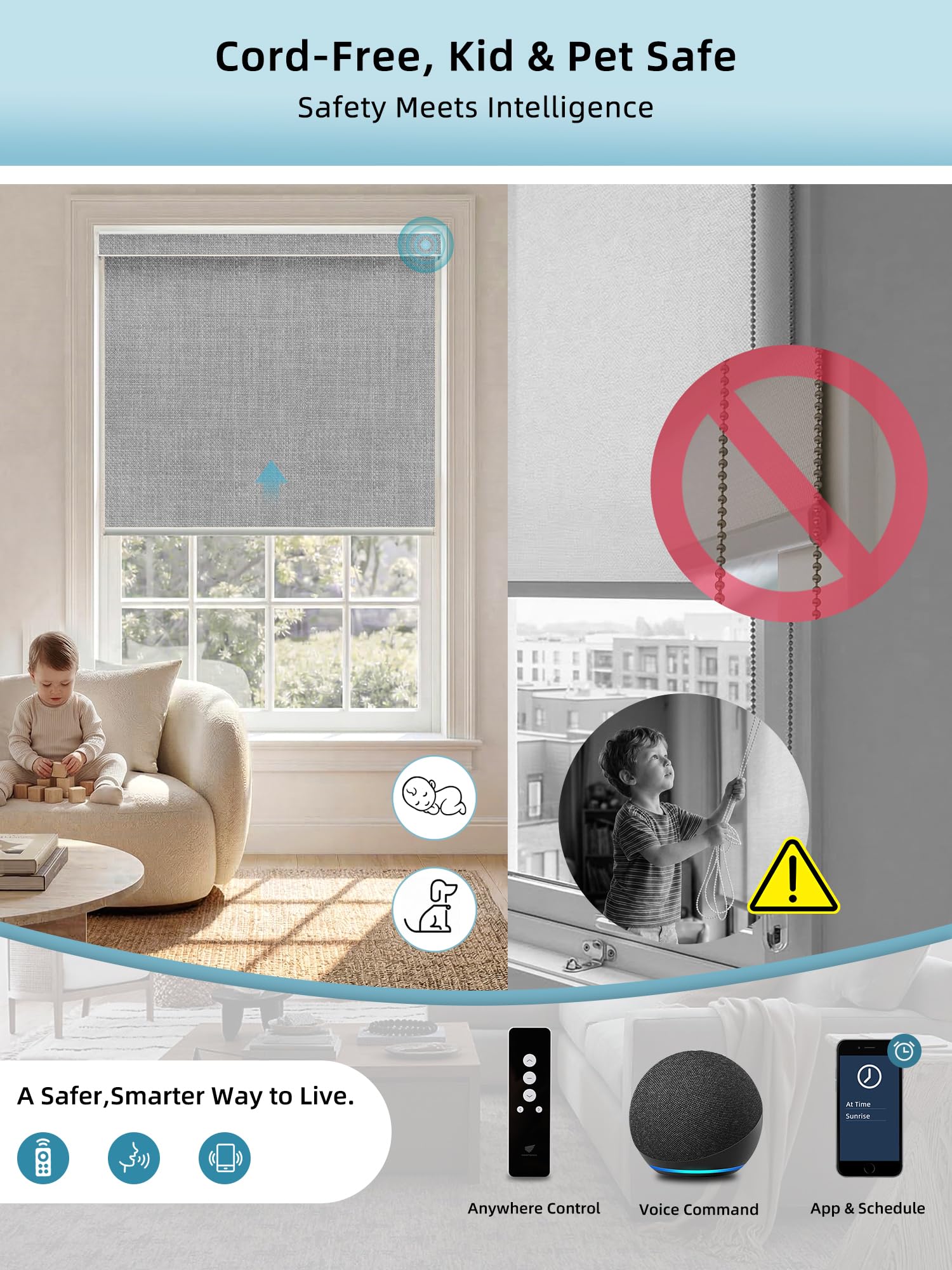 motorized smart shades with Alexa voice control and sunrise schedule setting