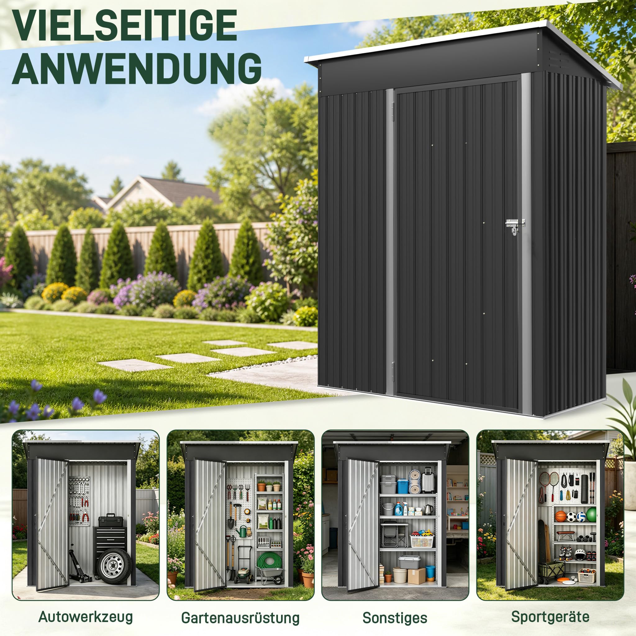 Metall Gerätehaus 138x75x162cm Geräteschuppen mit Pultdach abschließbarer Tür, Stark & Rostfrei wetterfestes Gartenhaus 2m³ Outdoor Garten Schuppen Schrank für Hinterhof Rasen Schwarz