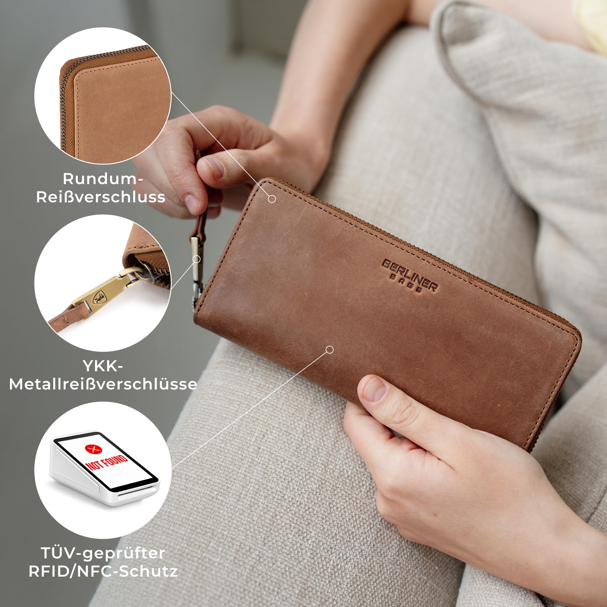 Berliner Bags Vintage Geldbörse Palma, Große Portemonnaie, Geldbeutel aus Leder, mit TÜV-geprüftem RFID-Schutz, inkl Geschenk-Box, für Damen - Braun