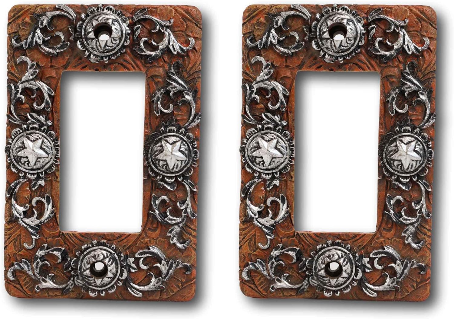 Ebros Set of 2 Novelty Rustic Country Western Stars And Lace Scroll In Faux Tooled Leather Finish Resin Wall Electrical Cover Plates (Single Gang Rocker Switch)