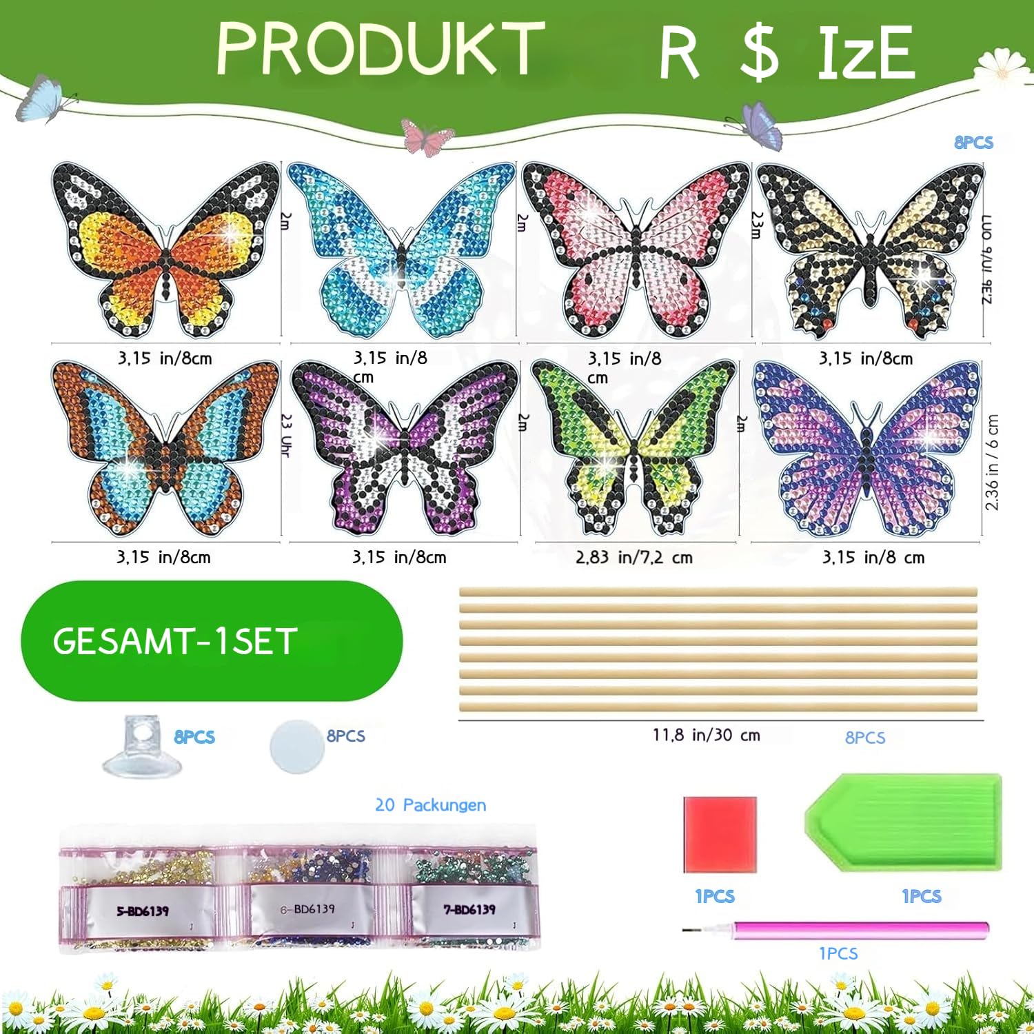 Diamond Painting Schmetterling Set – 12 Stück, Gartenstecker, DIY Bastelset Für Kinder & Erwachsene
