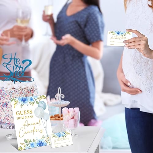 Vista 7 de A01 - Juego floral azul para baby shower, 8 x 10 pulgadas, letrero de galletas de animales con 50 tarjetas de adivinanzas, suministros de decoración