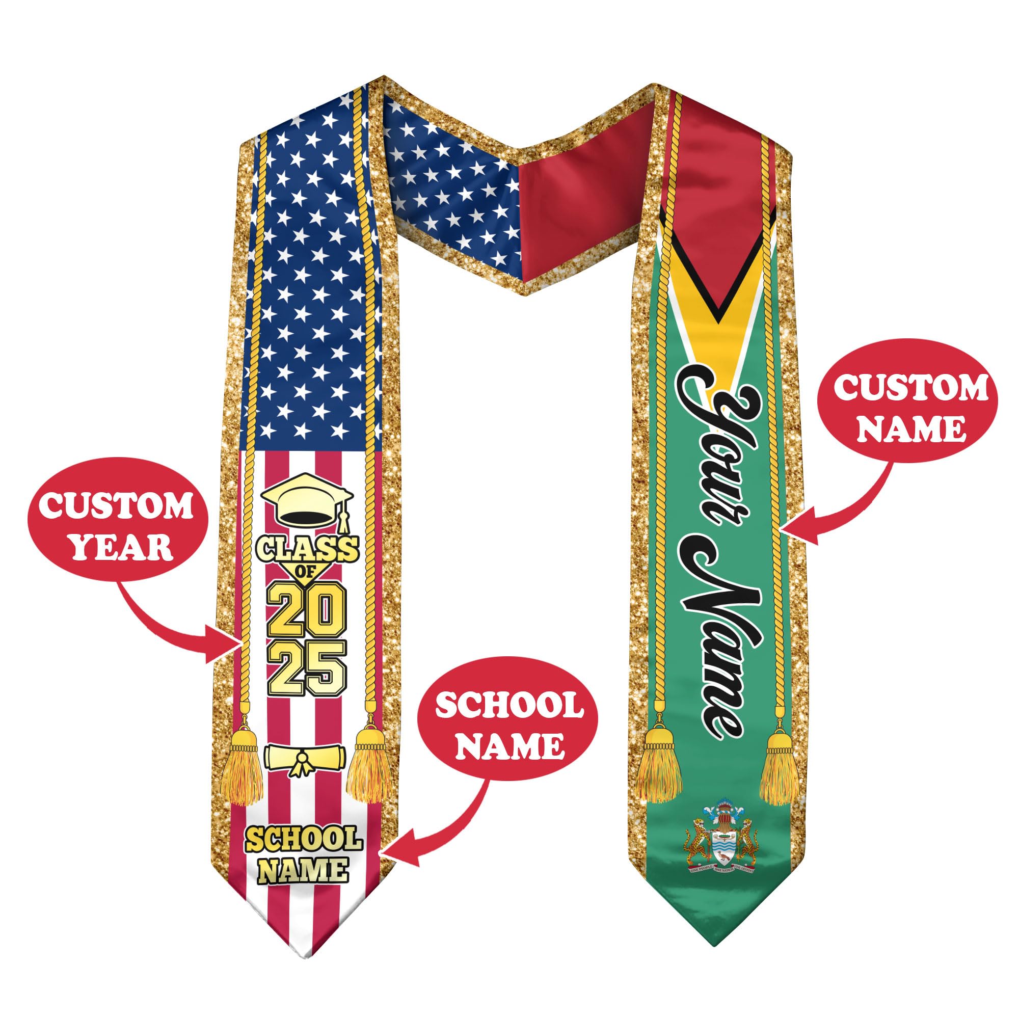 Guyanese Graduation Sash, Custom Guyanese American Flag Graduation Sash 2025, Guyana Graduation Stole 1