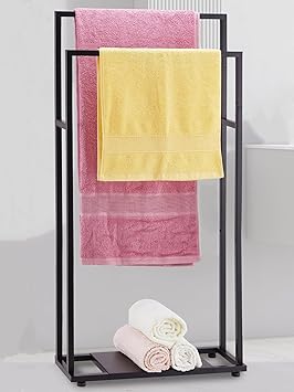Towel Racks for Bathroom, 39 Tall 2 Tier Bathroom Towel Rack Stand with Storage Shelves, Modern Free Standing Pool Drying Rack for Outdoor, Black, ALHAKIN
