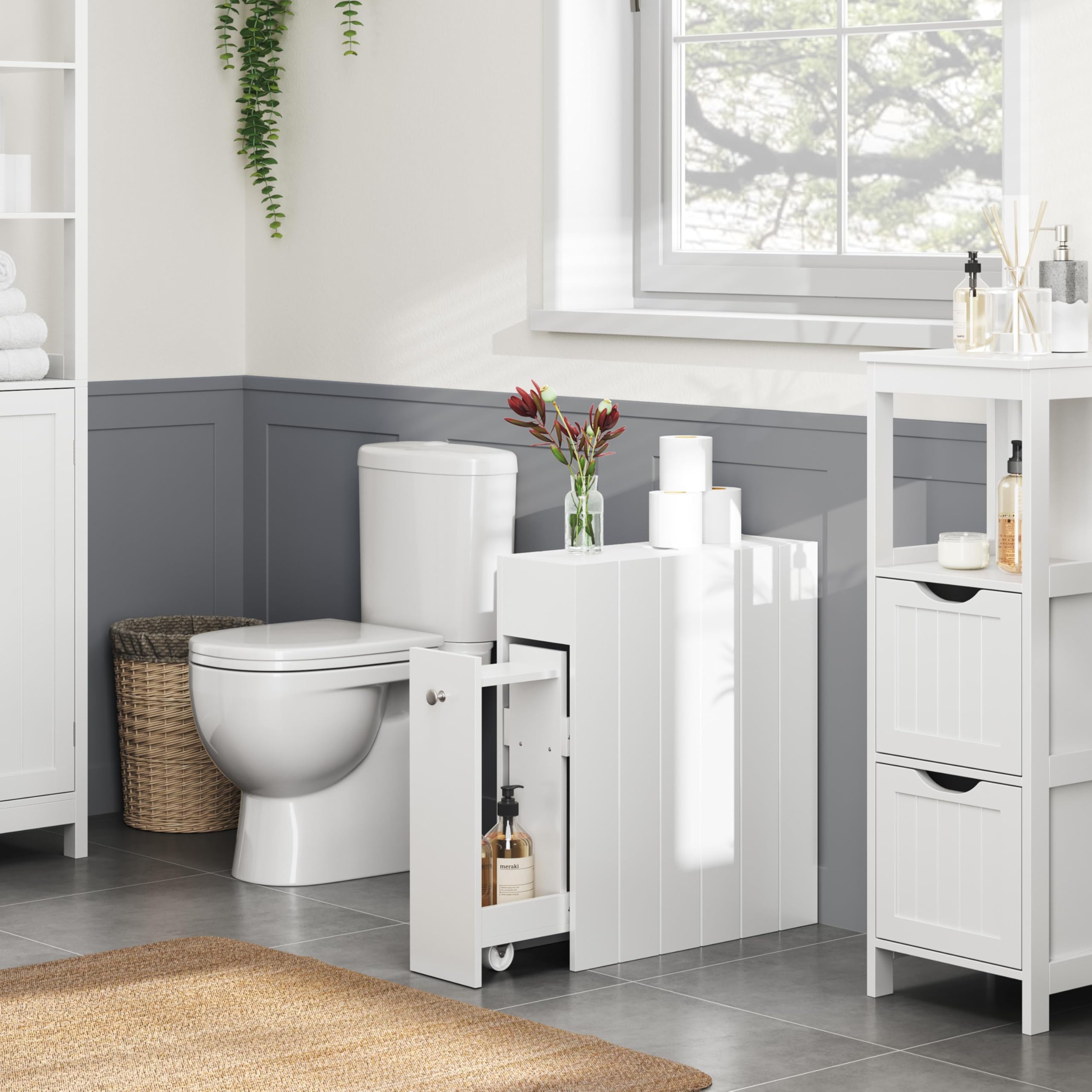 Yaheetech Nischenregal Badezimmerschrank, Schmaler Beistellschrank Badschrank mit Schubladen und Rollen, Unterschrank für Toilettenpapier, Weiß