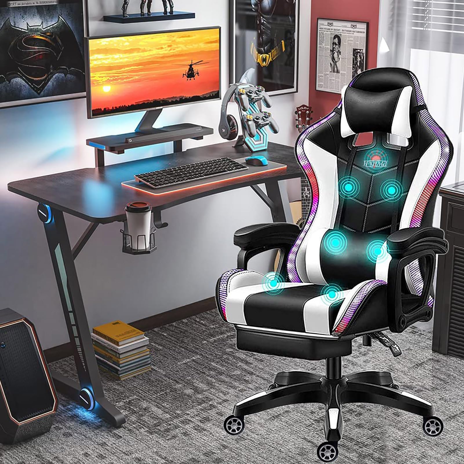 Chaise d'ordinateur avec repose-pieds rétractable et massage lombaire intégré