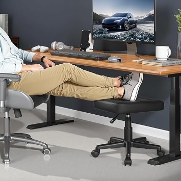 VECELO Under Desk Footrest, PU Ergonomic Foot Rest with Wheels, Comfort Padding, Height Adjustable for Relieving Leg Pain, Stiffness, Black
