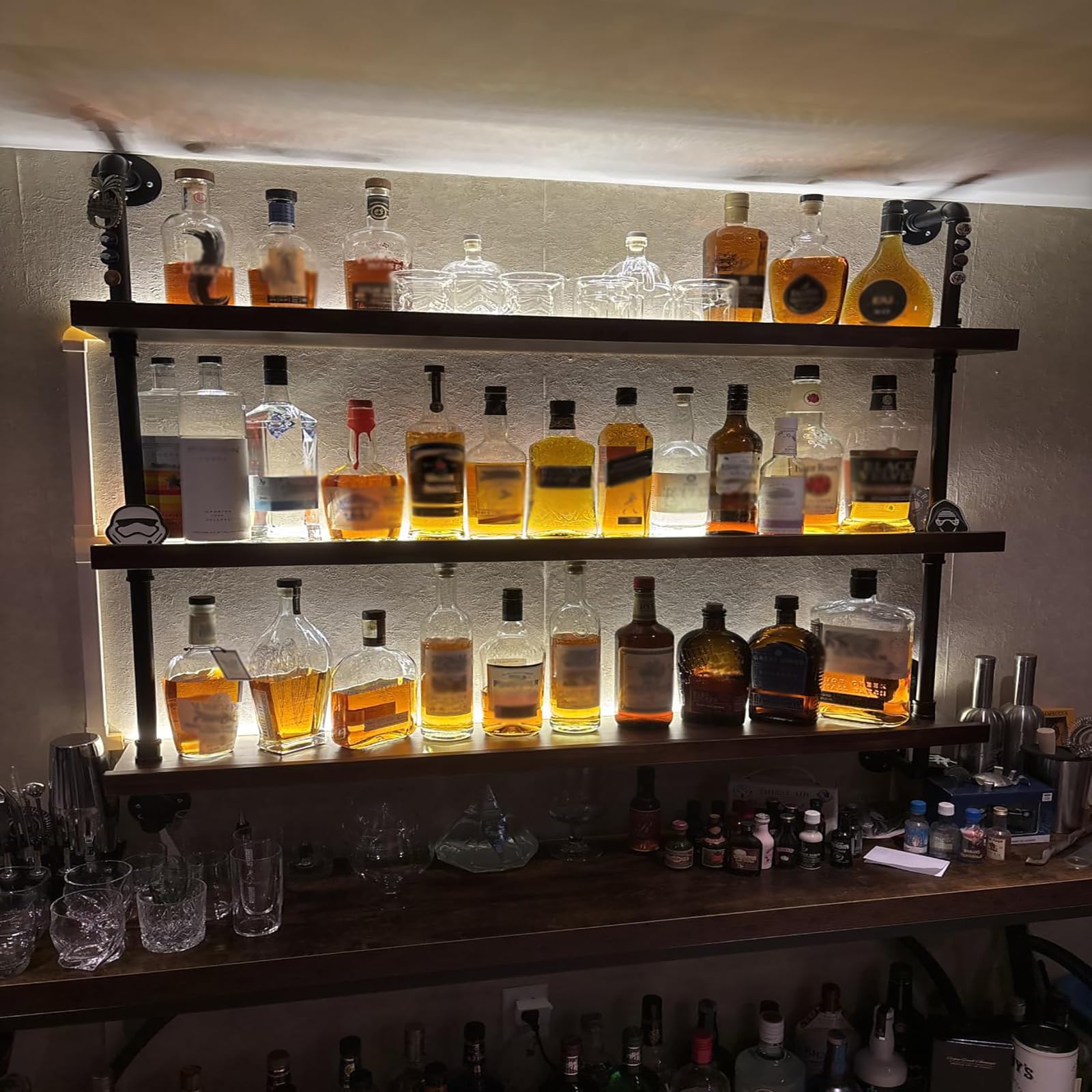 80CM Botellero de Pared Industrial, 3 Niveles Estantes de madera maciza Botellero Vino Luz LED, Multifuncional Estante para Vino Flotante para exhibición de Vino, para el hogar,Restaurante,Bares — view 3